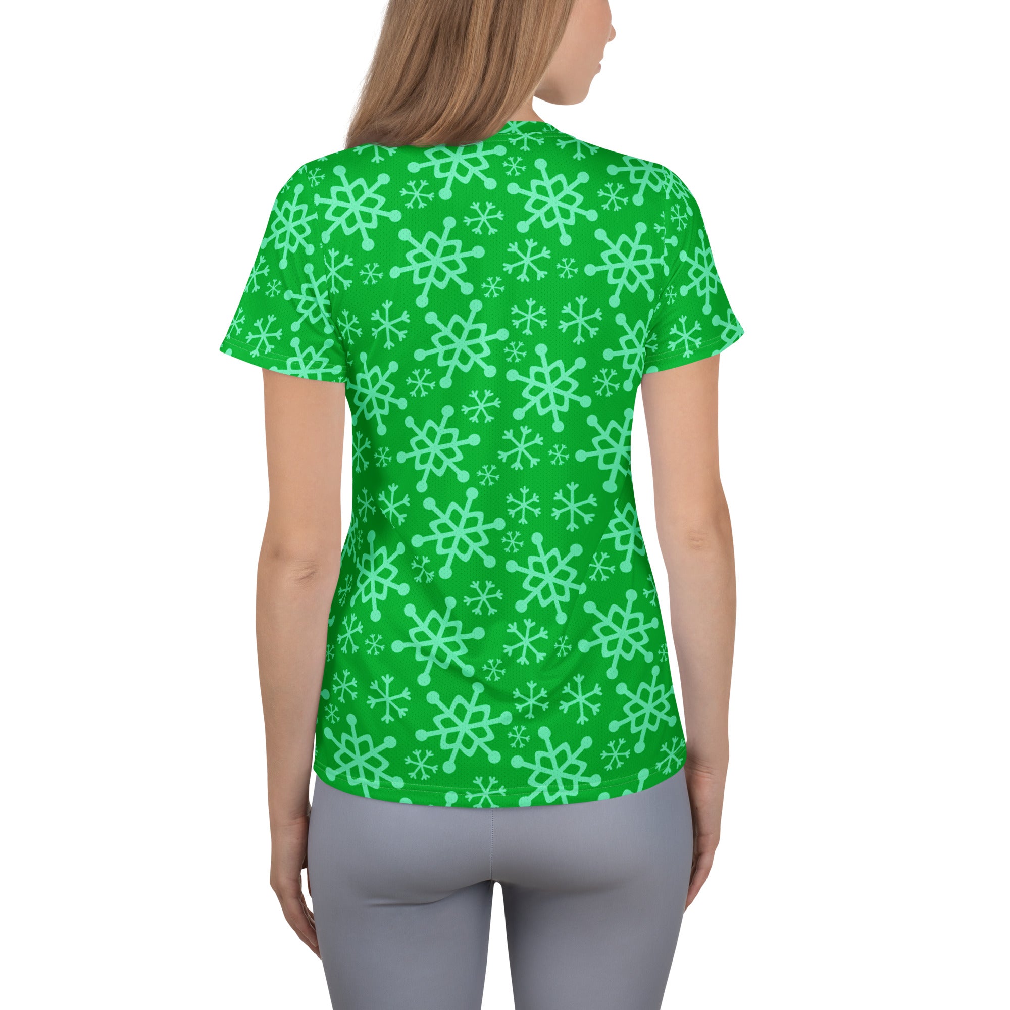 Women’s Green Snowflake Performance Athletic T-Shirt - Lightweight Moisture Wicking Workout Top with UPF 50+