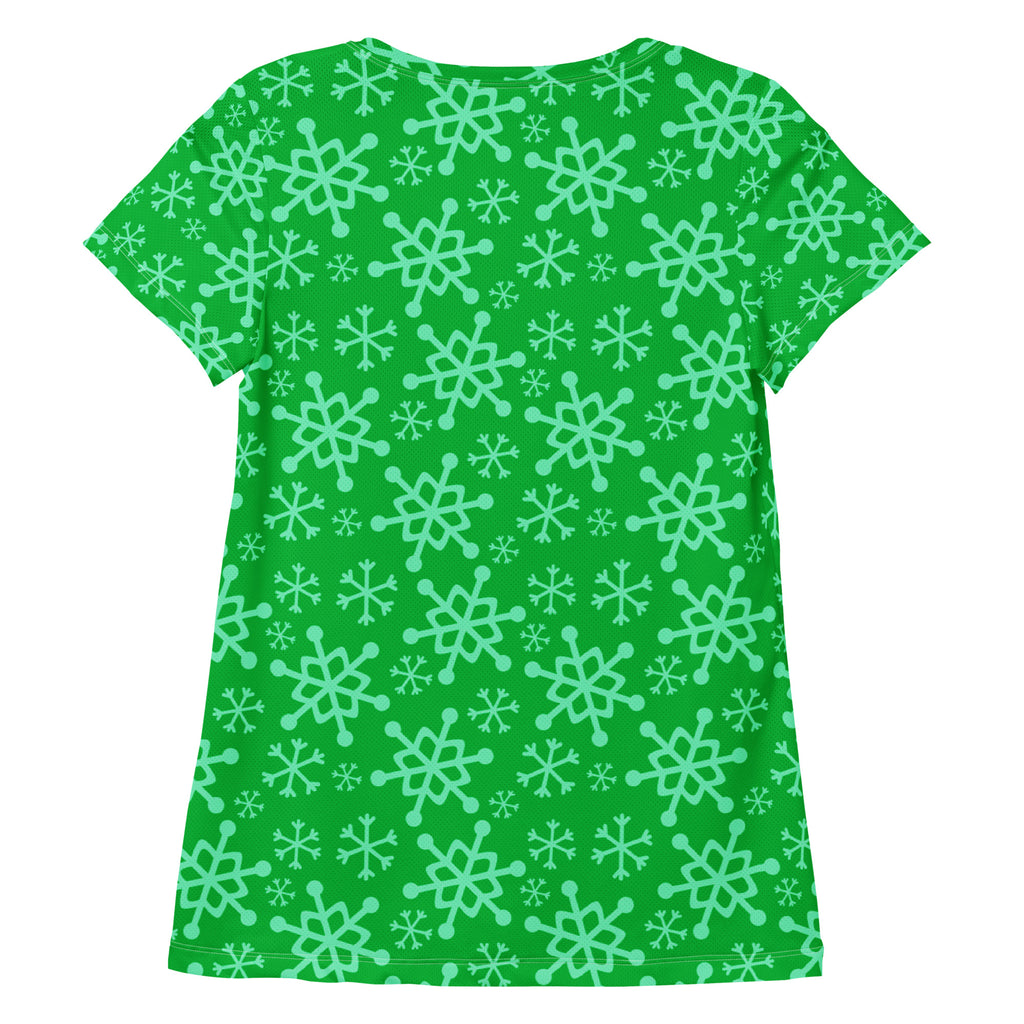 Women’s Green Snowflake Performance Athletic T-Shirt - Lightweight Moisture Wicking Workout Top with UPF 50+