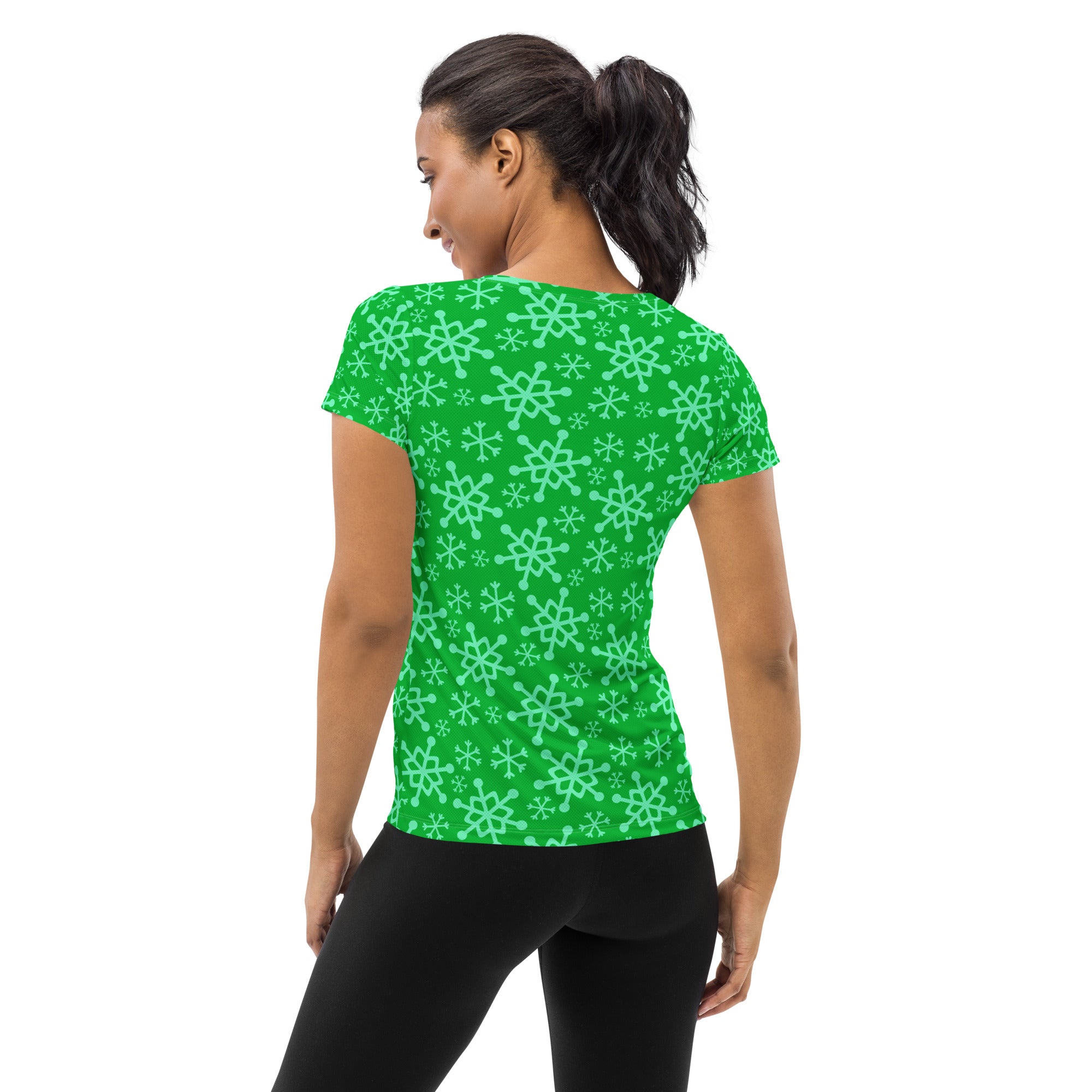 Women’s Green Snowflake Performance Athletic T-Shirt - Lightweight Moisture Wicking Workout Top with UPF 50+