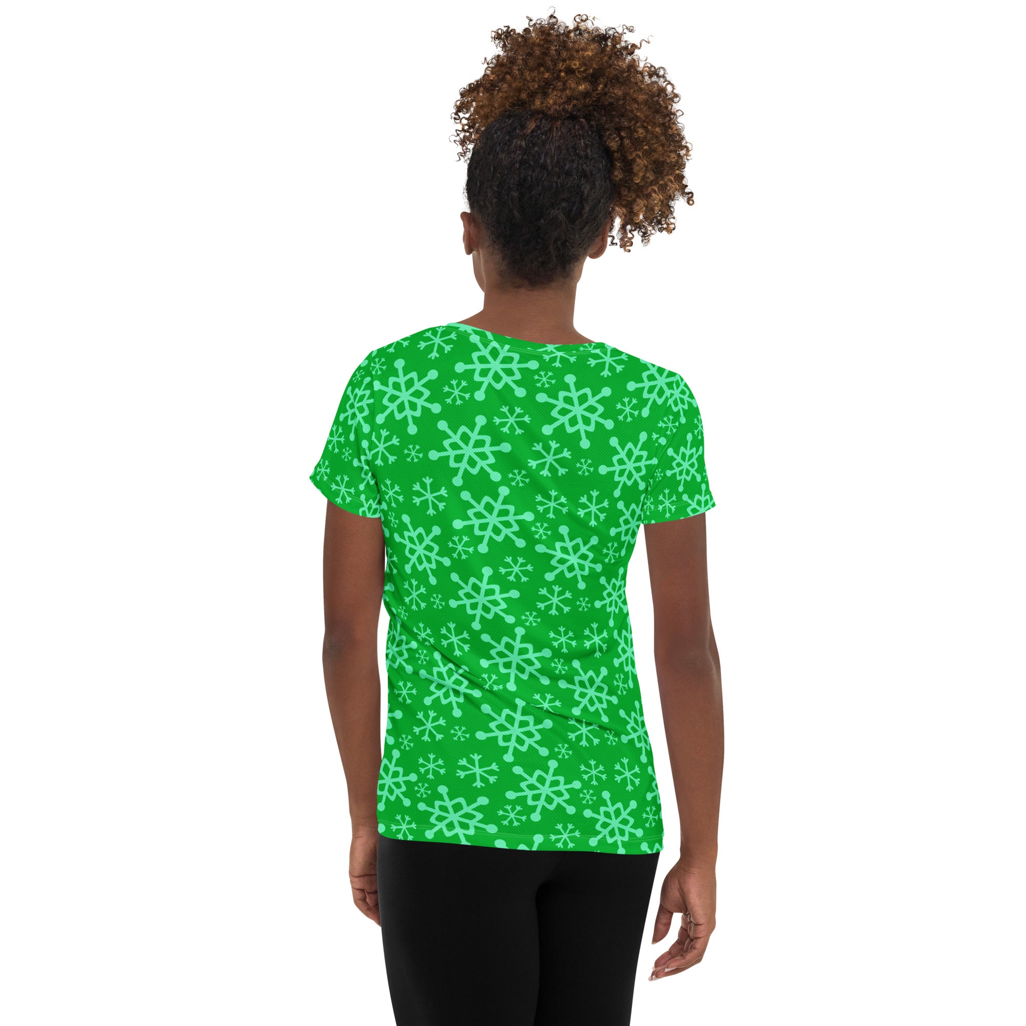 Women’s Green Snowflake Performance Athletic T-Shirt - Lightweight Moisture Wicking Workout Top with UPF 50+