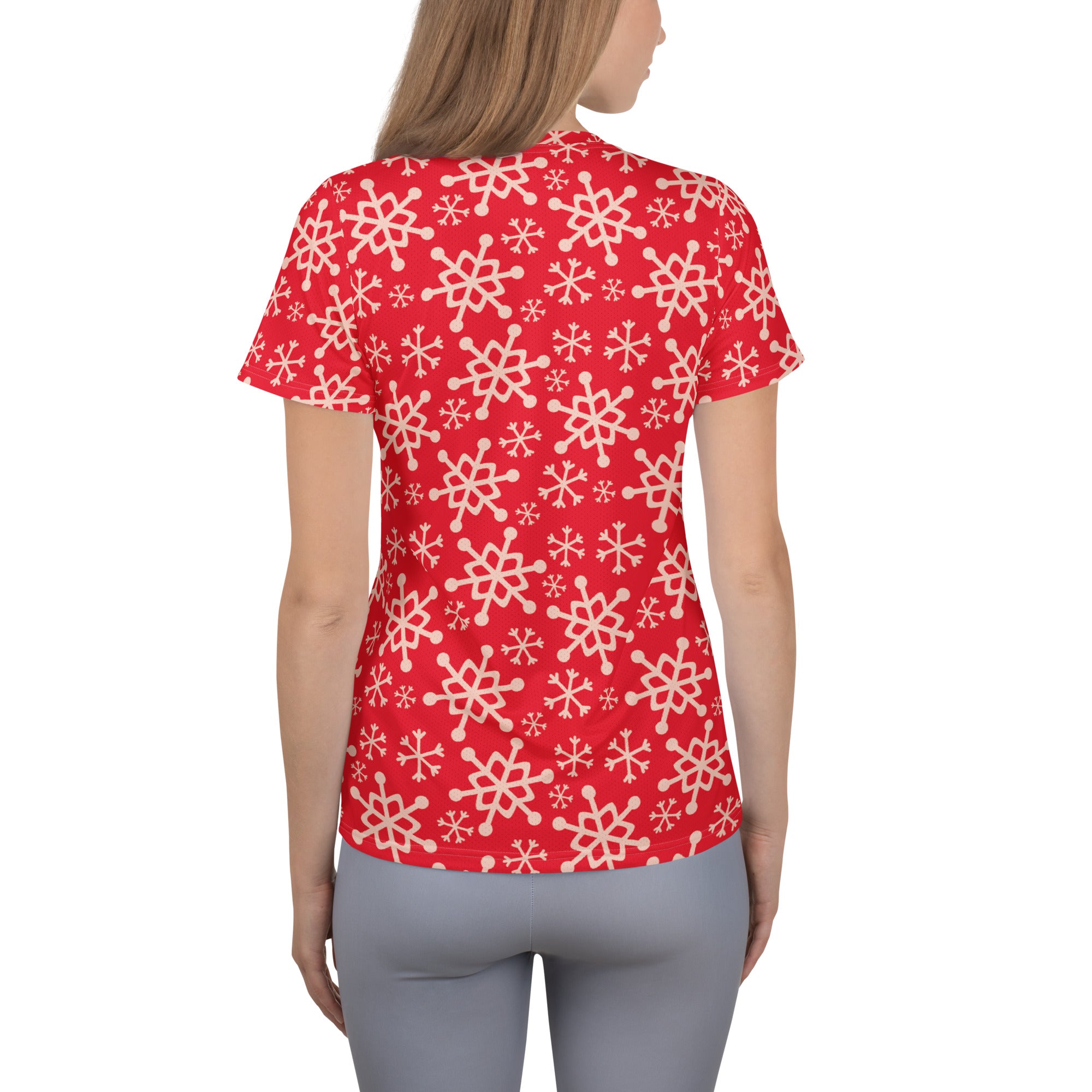 Women’s Red Snowflake Performance Athletic T-Shirt - Lightweight Moisture Wicking Workout Top with UPF 50+