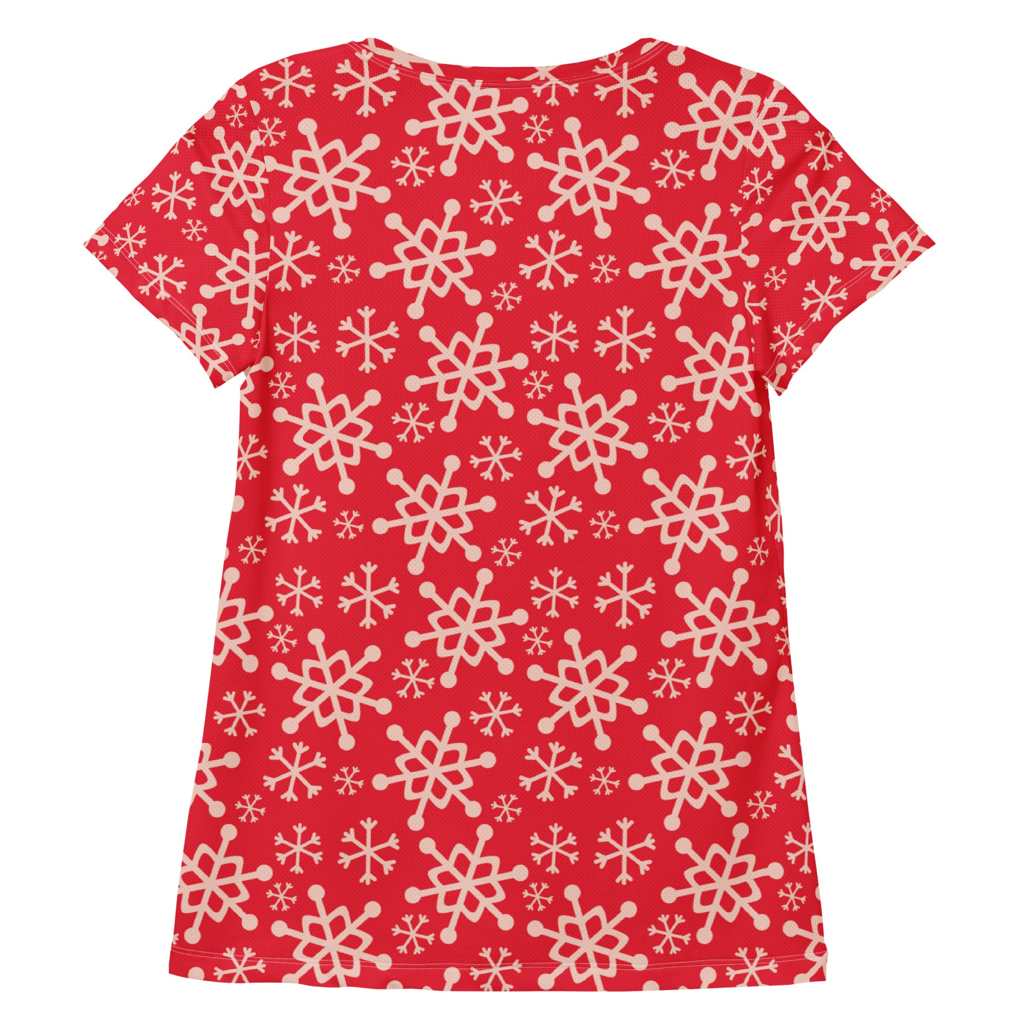 Women’s Red Snowflake Performance Athletic T-Shirt - Lightweight Moisture Wicking Workout Top with UPF 50+