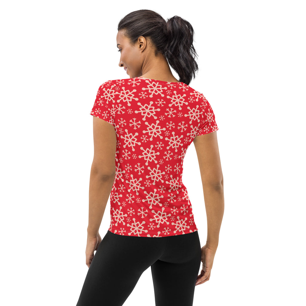 Women’s Red Snowflake Performance Athletic T-Shirt - Lightweight Moisture Wicking Workout Top with UPF 50+