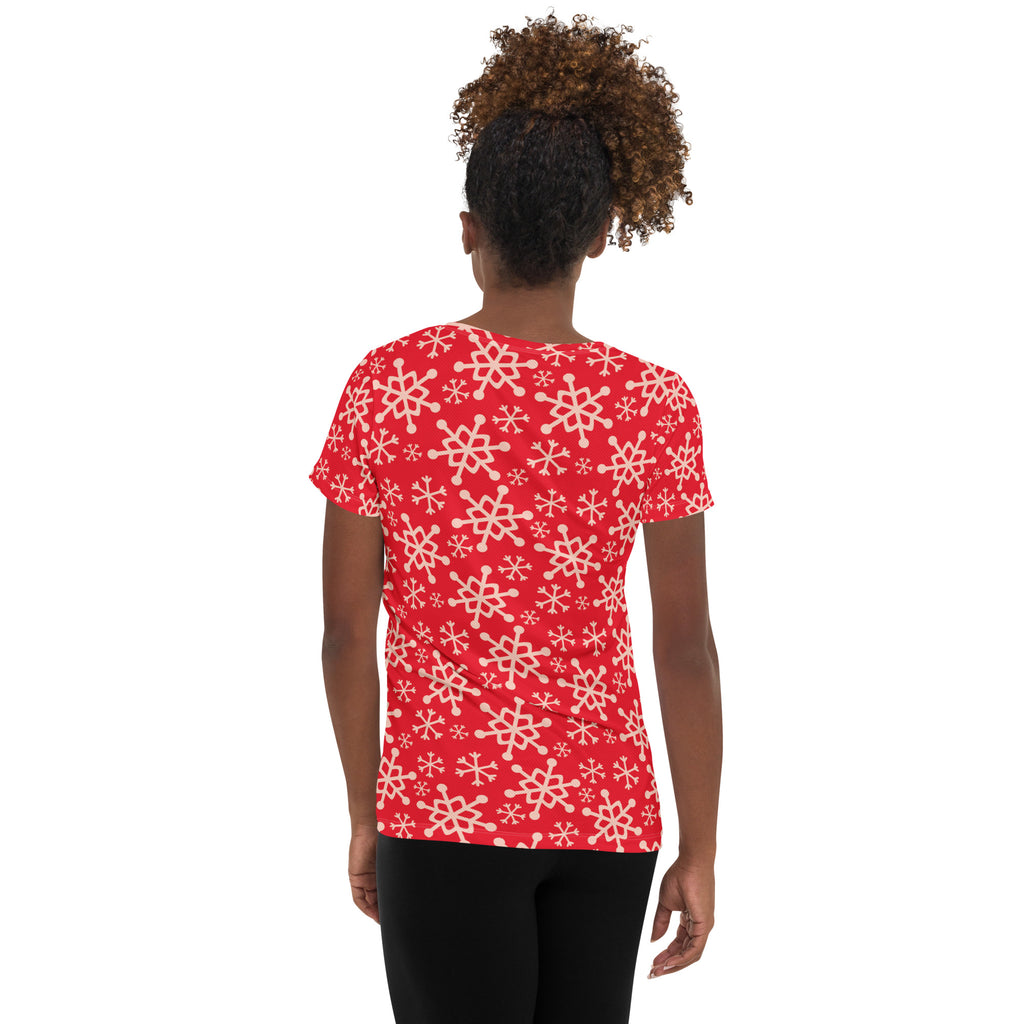 Women’s Red Snowflake Performance Athletic T-Shirt - Lightweight Moisture Wicking Workout Top with UPF 50+