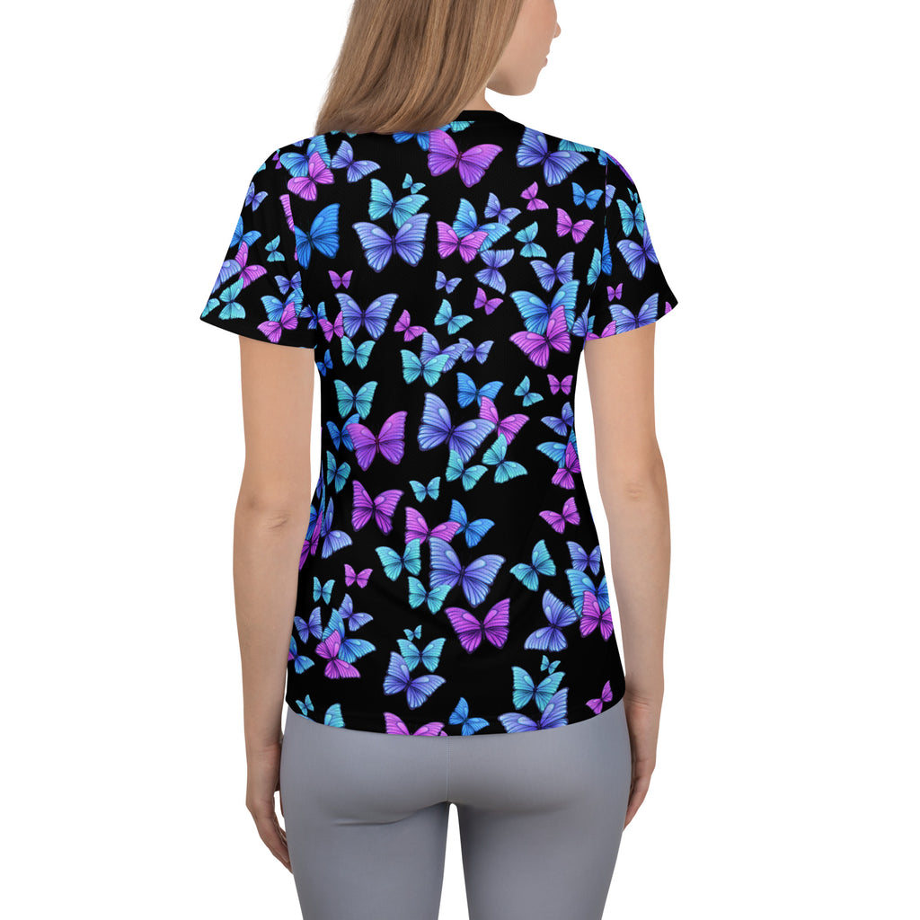 Women’s Vibrant Butterfly Performance Athletic T-Shirt - Lightweight Moisture Wicking Workout Top with UPF 50+