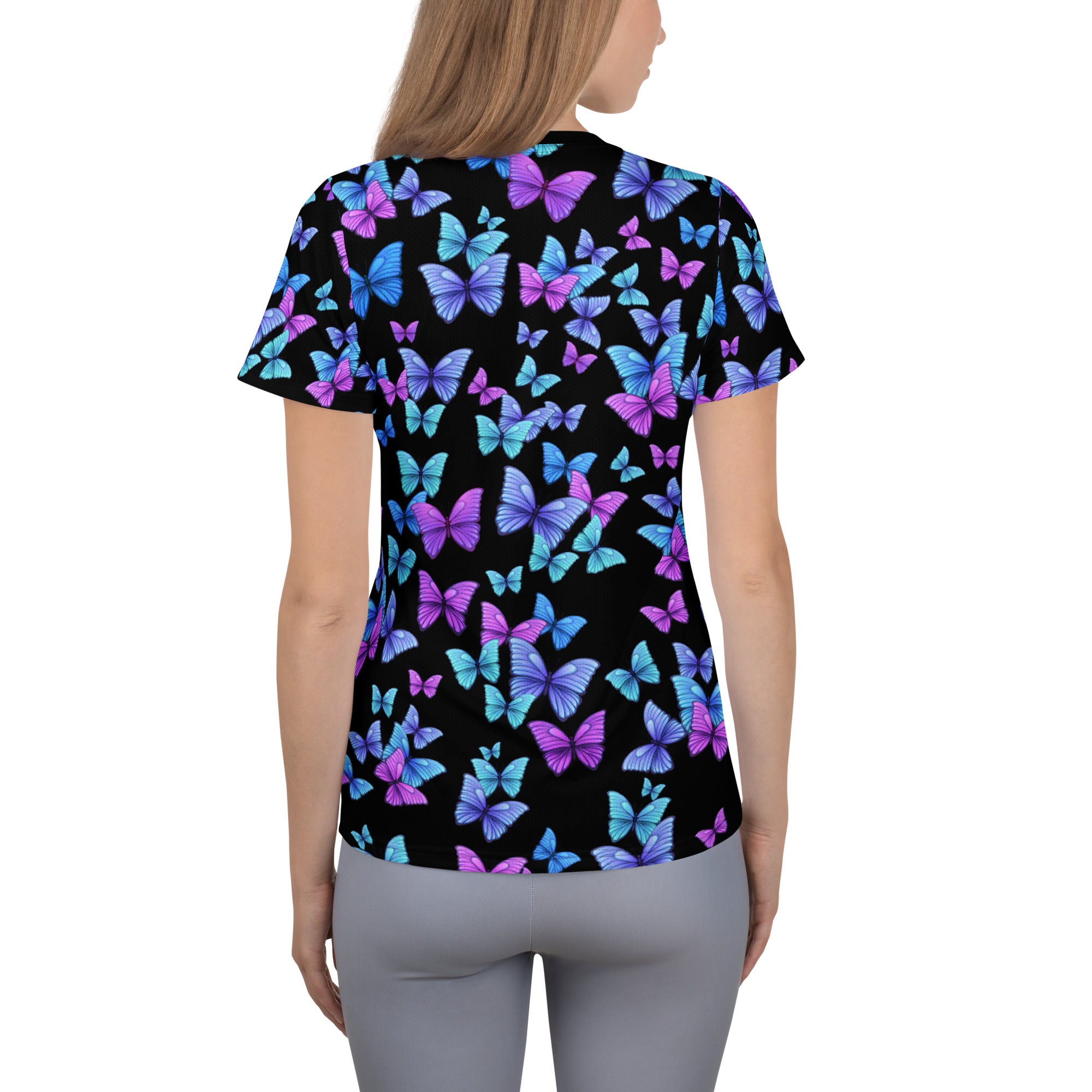 Women’s Vibrant Butterfly Performance Athletic T-Shirt - Lightweight Moisture Wicking Workout Top with UPF 50+