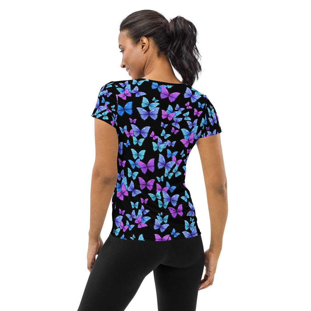 Women’s Vibrant Butterfly Performance Athletic T-Shirt - Lightweight Moisture Wicking Workout Top with UPF 50+