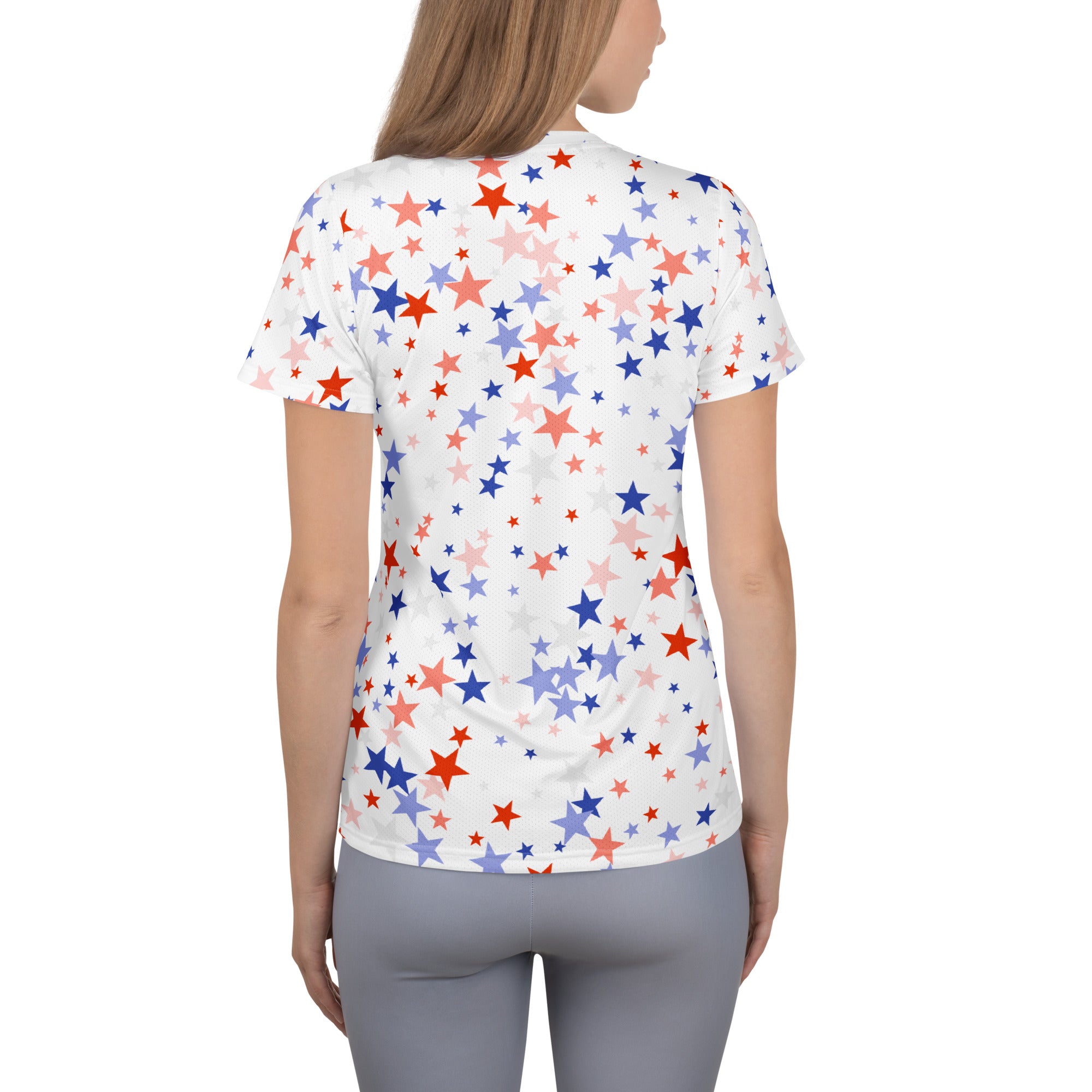 Women’s Red White & Blue Star Performance Athletic T-Shirt - Lightweight Moisture Wicking Workout Top with UPF 50+
