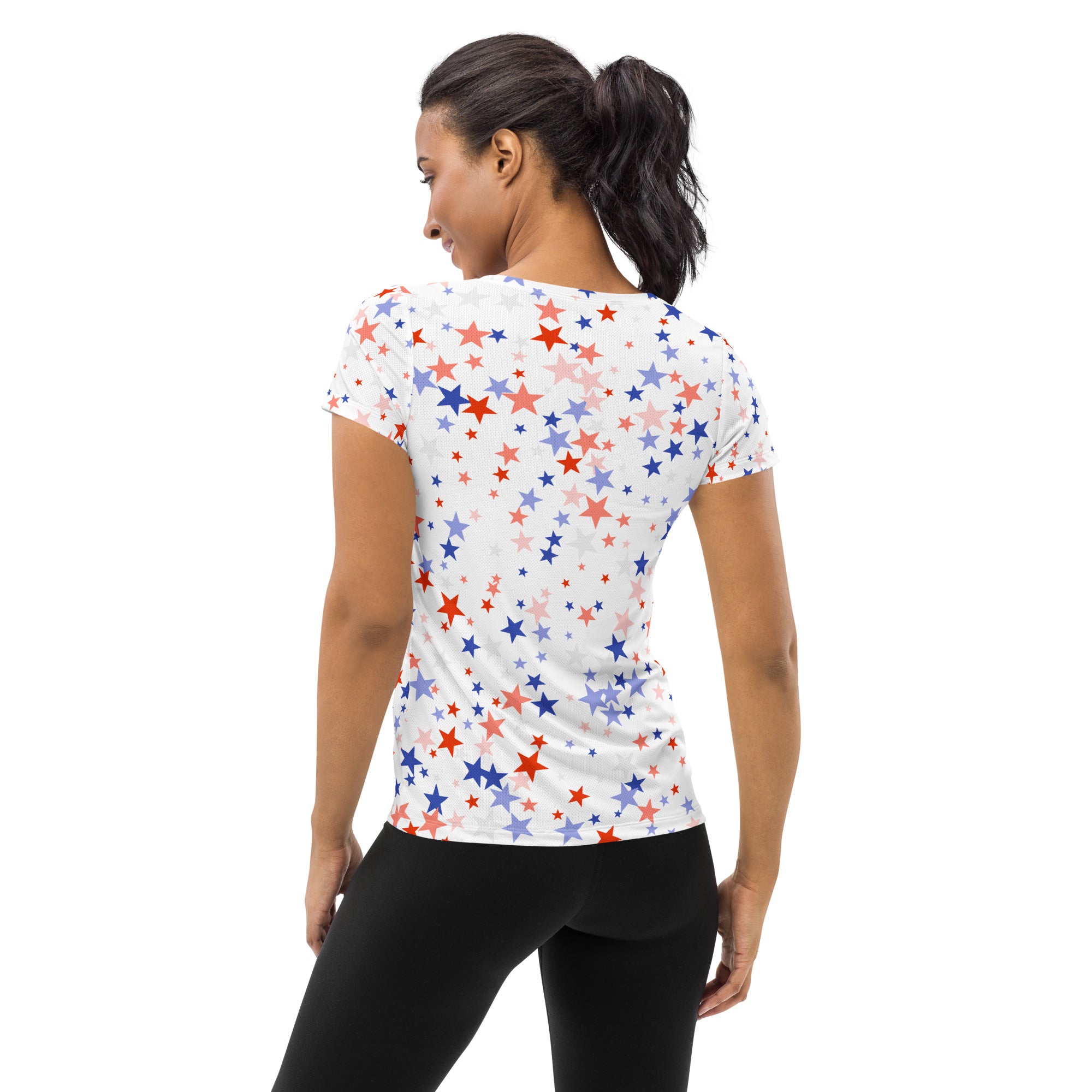 Women’s Red White & Blue Star Performance Athletic T-Shirt - Lightweight Moisture Wicking Workout Top with UPF 50+