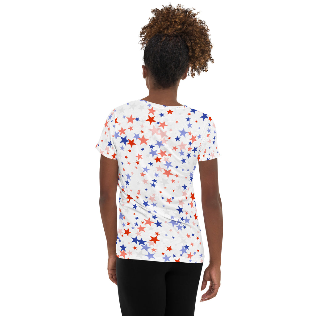 Women’s Red White & Blue Star Performance Athletic T-Shirt - Lightweight Moisture Wicking Workout Top with UPF 50+
