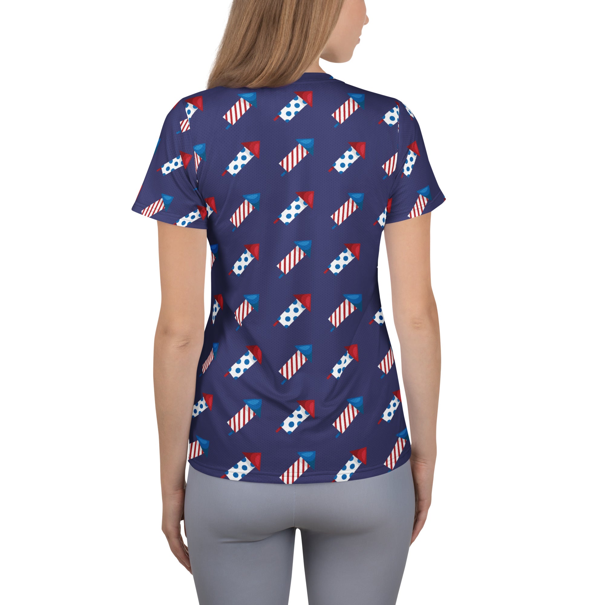 Women’s Patriotic Fireworks Performance Athletic T-Shirt - Lightweight Moisture Wicking Workout Top with UPF 50+