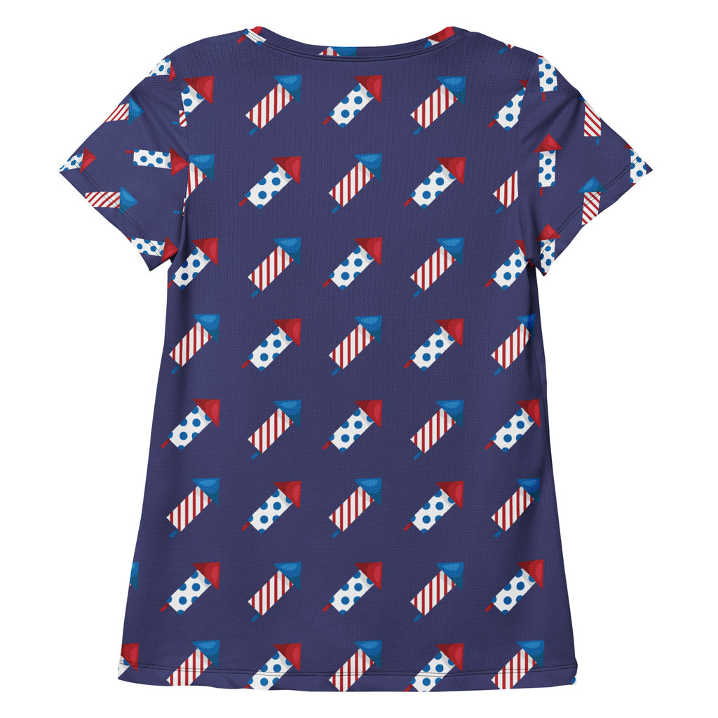 Women’s Patriotic Fireworks Performance Athletic T-Shirt - Lightweight Moisture Wicking Workout Top with UPF 50+