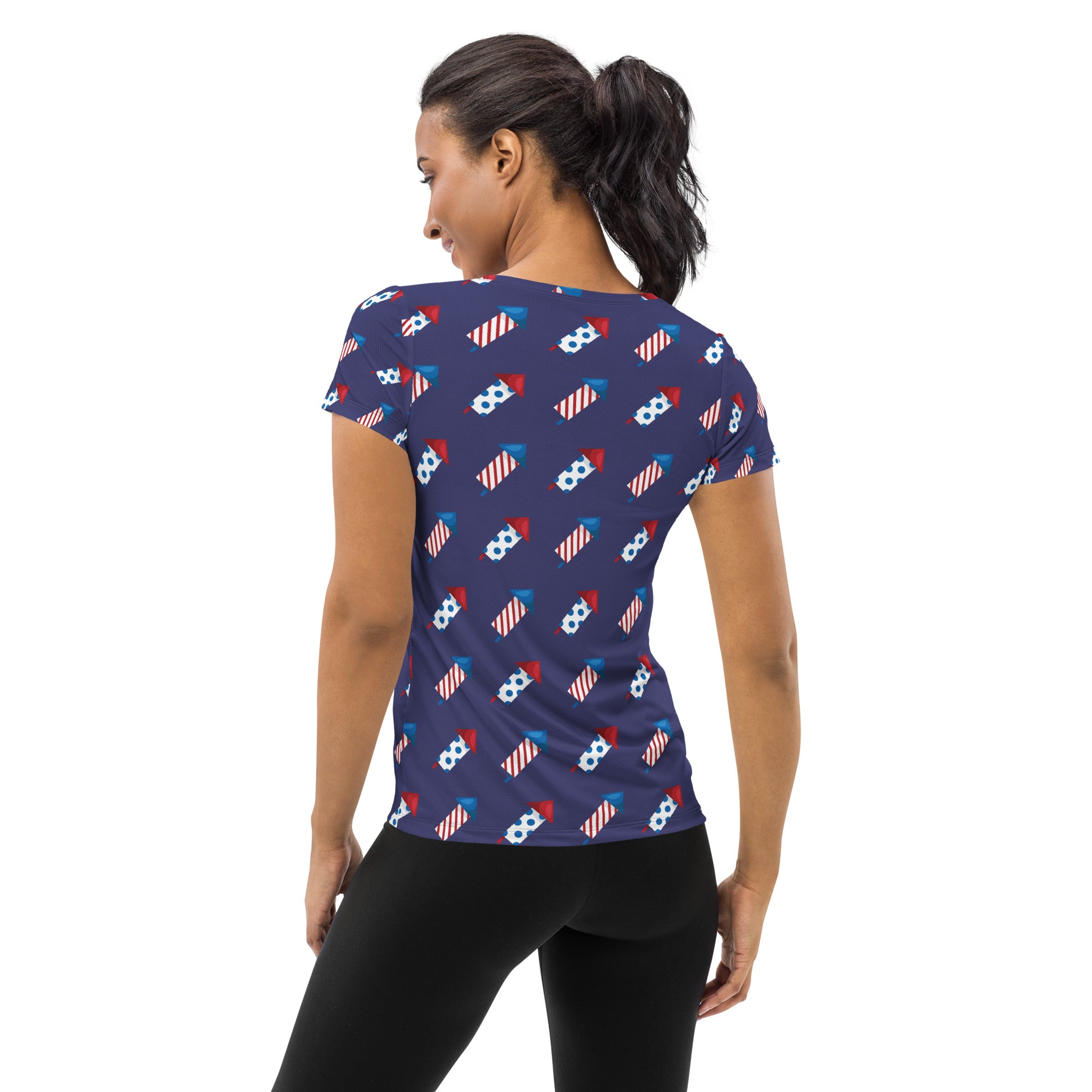 Women’s Patriotic Fireworks Performance Athletic T-Shirt - Lightweight Moisture Wicking Workout Top with UPF 50+