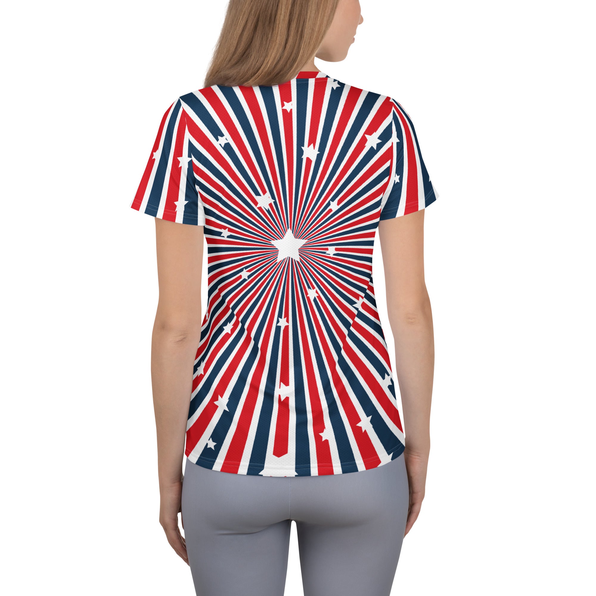 Women’s Patriotic Starburst Performance Athletic T-Shirt - Lightweight Moisture Wicking Workout Top with UPF 50+