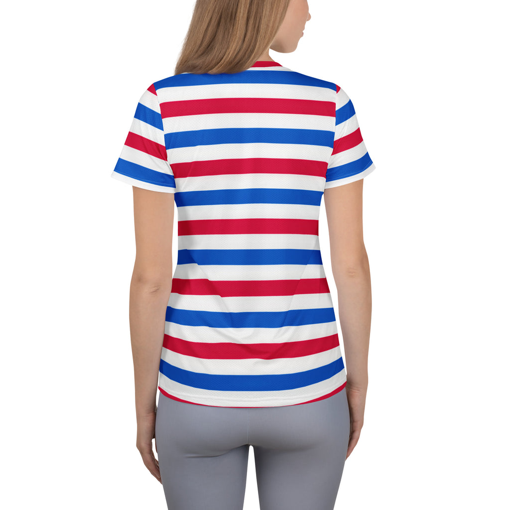 Women’s Patriotic Striped Performance Athletic T-Shirt - Lightweight Moisture Wicking Workout Top with UPF 50+