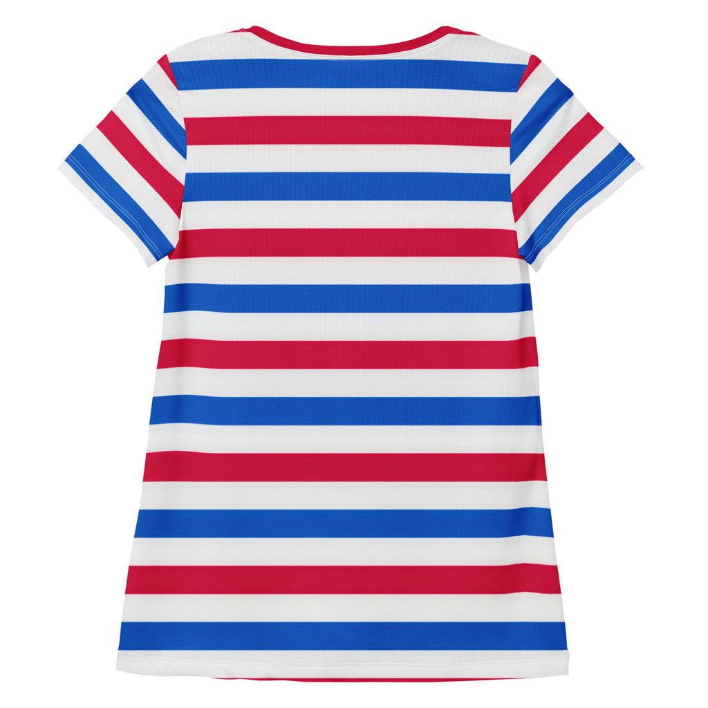 Women’s Patriotic Striped Performance Athletic T-Shirt - Lightweight Moisture Wicking Workout Top with UPF 50+