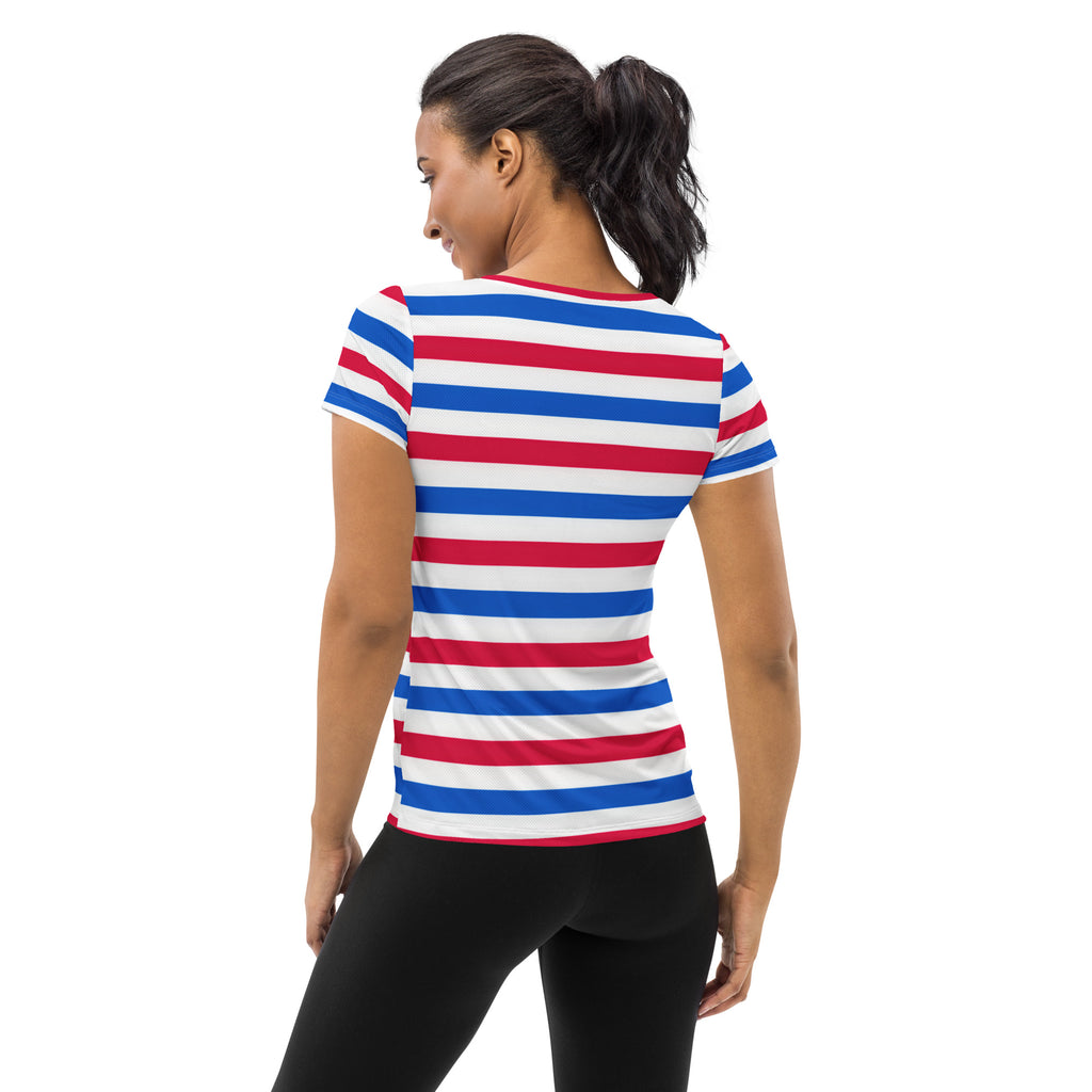 Women’s Patriotic Striped Performance Athletic T-Shirt - Lightweight Moisture Wicking Workout Top with UPF 50+