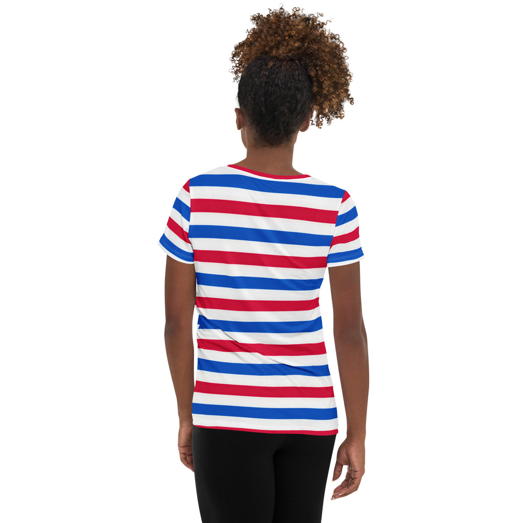 Women’s Patriotic Striped Performance Athletic T-Shirt - Lightweight Moisture Wicking Workout Top with UPF 50+