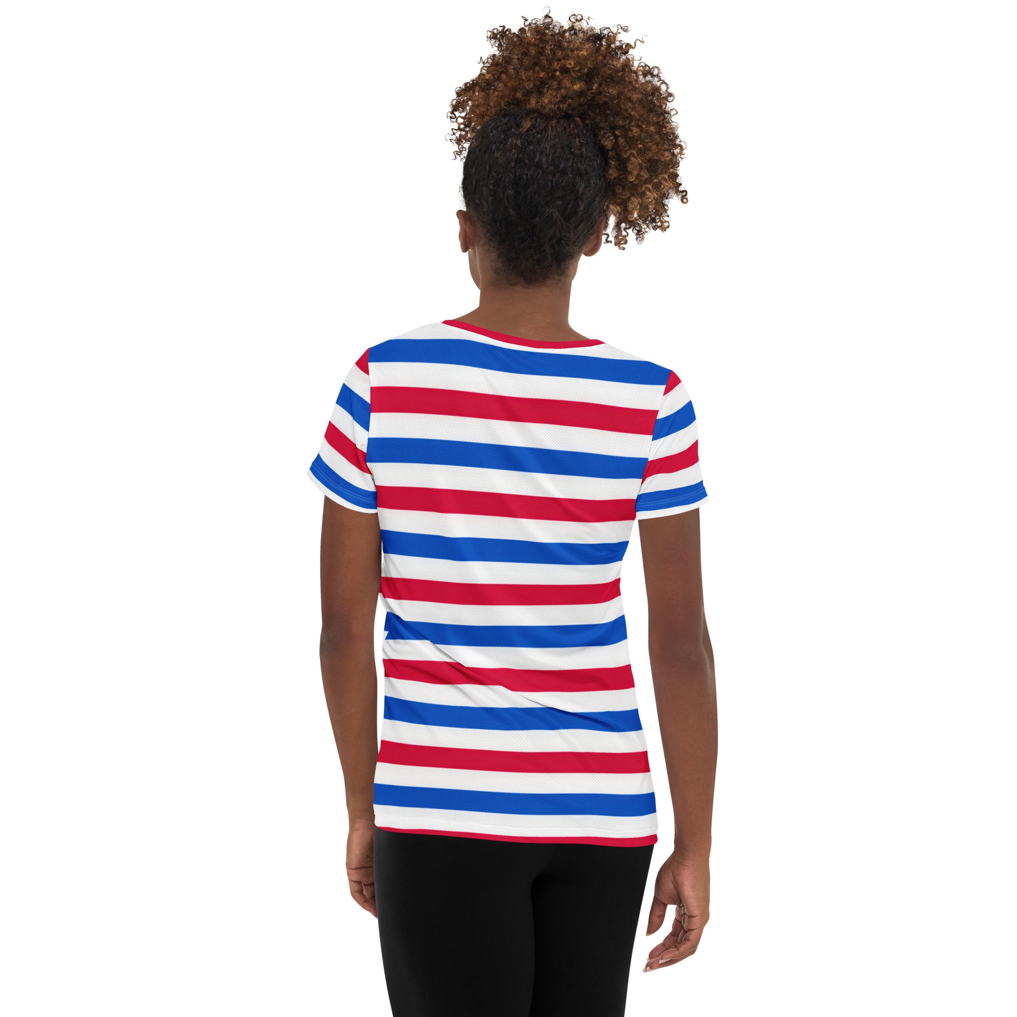 Women’s Patriotic Striped Performance Athletic T-Shirt - Lightweight Moisture Wicking Workout Top with UPF 50+