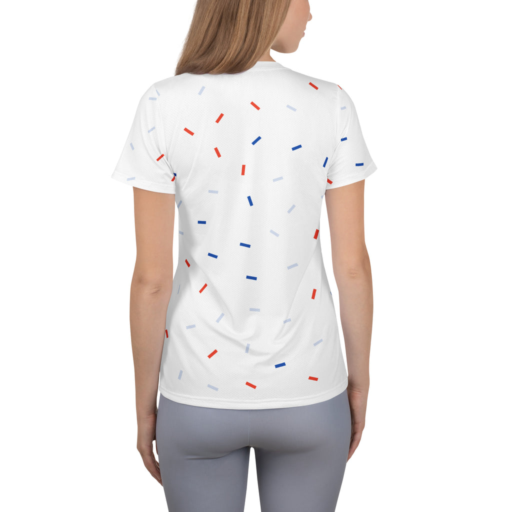 Women’s Patriotic Confetti Performance Athletic T-Shirt - Lightweight Moisture Wicking Workout Top with UPF 50+