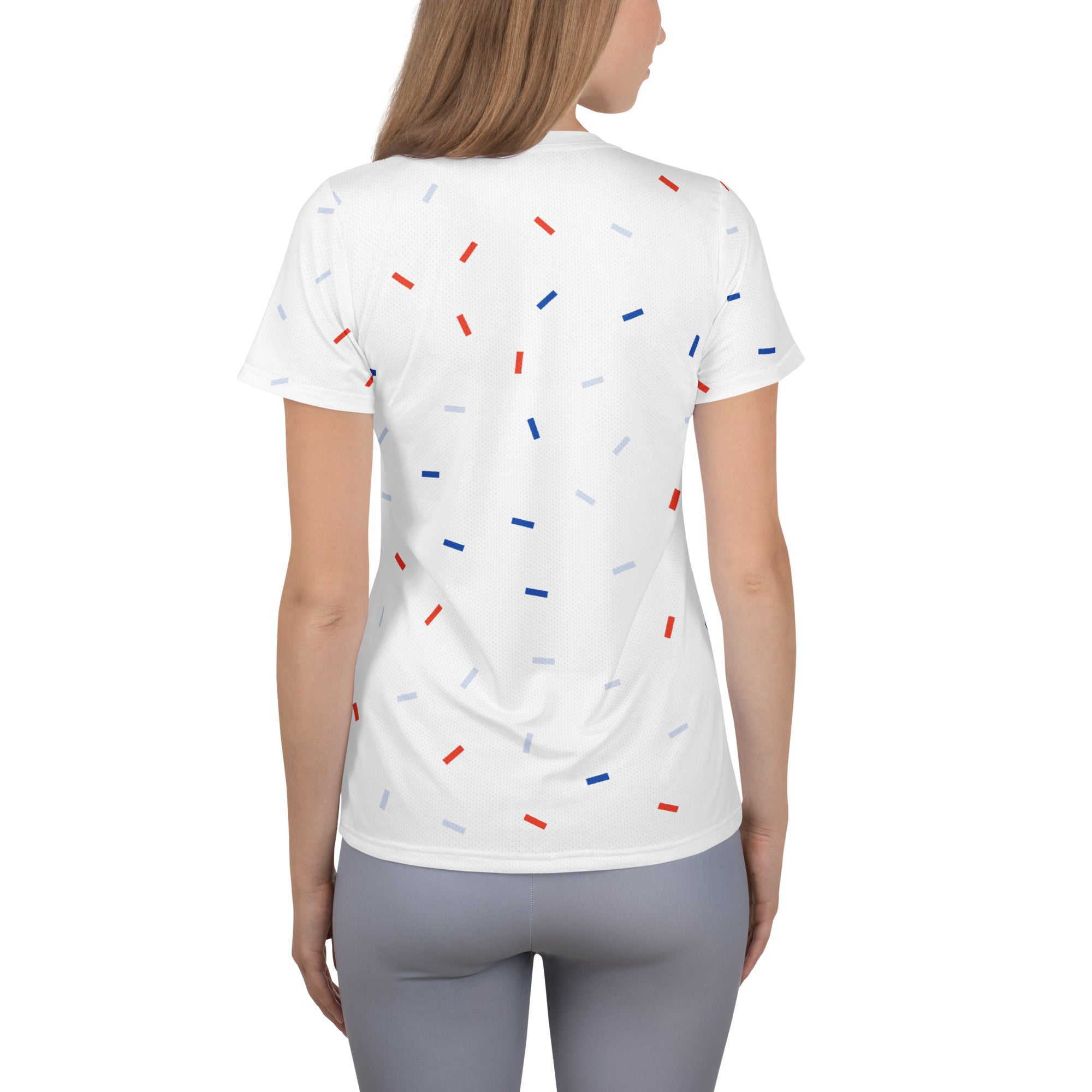 Women’s Patriotic Confetti Performance Athletic T-Shirt - Lightweight Moisture Wicking Workout Top with UPF 50+