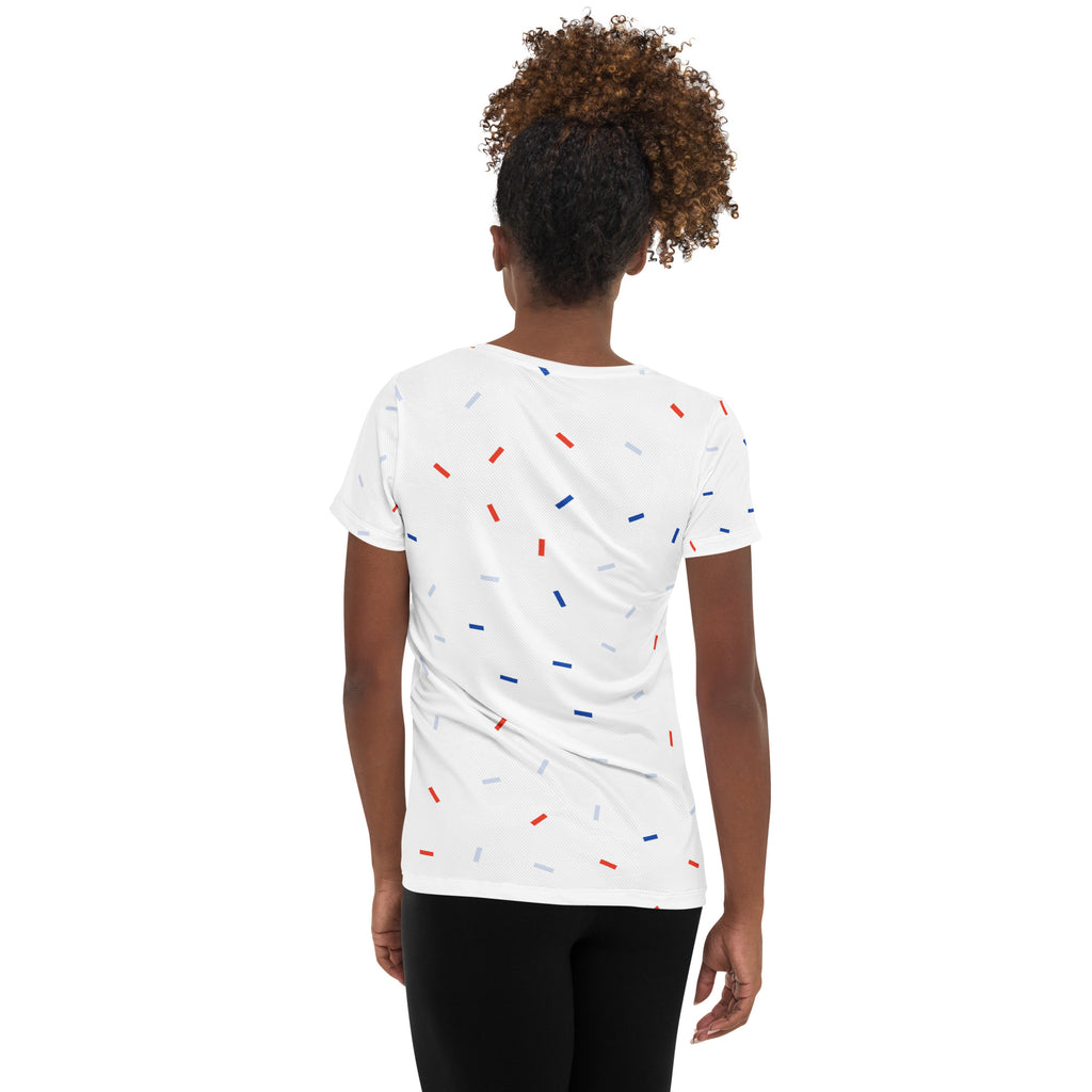 Women’s Patriotic Confetti Performance Athletic T-Shirt - Lightweight Moisture Wicking Workout Top with UPF 50+