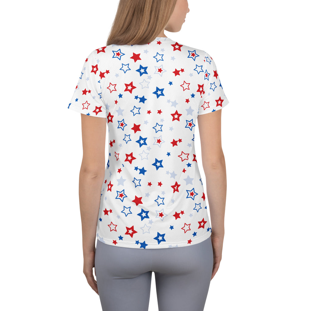 Women’s Red, White And Blue Stars 4th of July Performance Athletic T-Shirt - Lightweight Moisture Wicking Workout Top with UPF 50+
