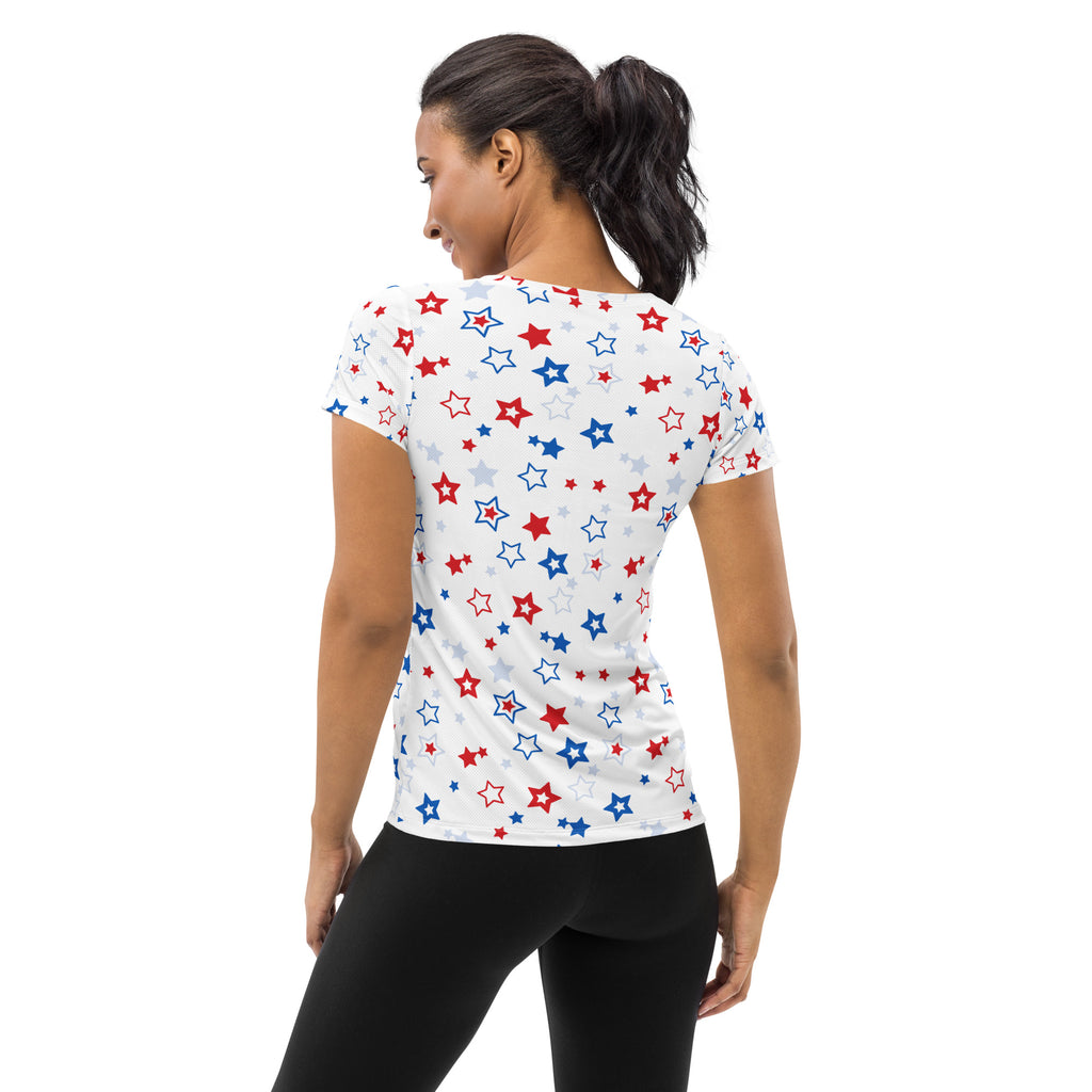 Women’s Red, White And Blue Stars 4th of July Performance Athletic T-Shirt - Lightweight Moisture Wicking Workout Top with UPF 50+