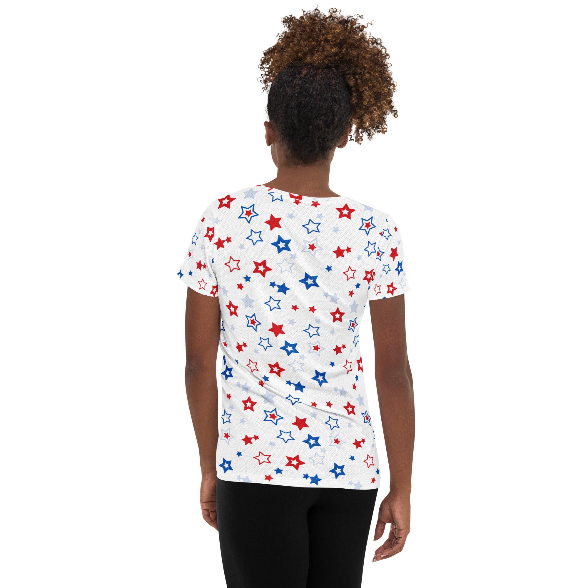 Women’s Red, White And Blue Stars 4th of July Performance Athletic T-Shirt - Lightweight Moisture Wicking Workout Top with UPF 50+