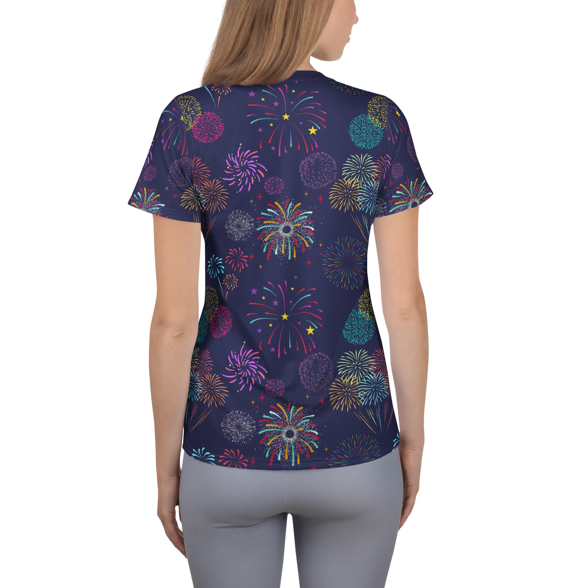 Women’s Colorful Fireworks Performance Athletic T-Shirt - Lightweight Moisture Wicking Workout Top with UPF 50+