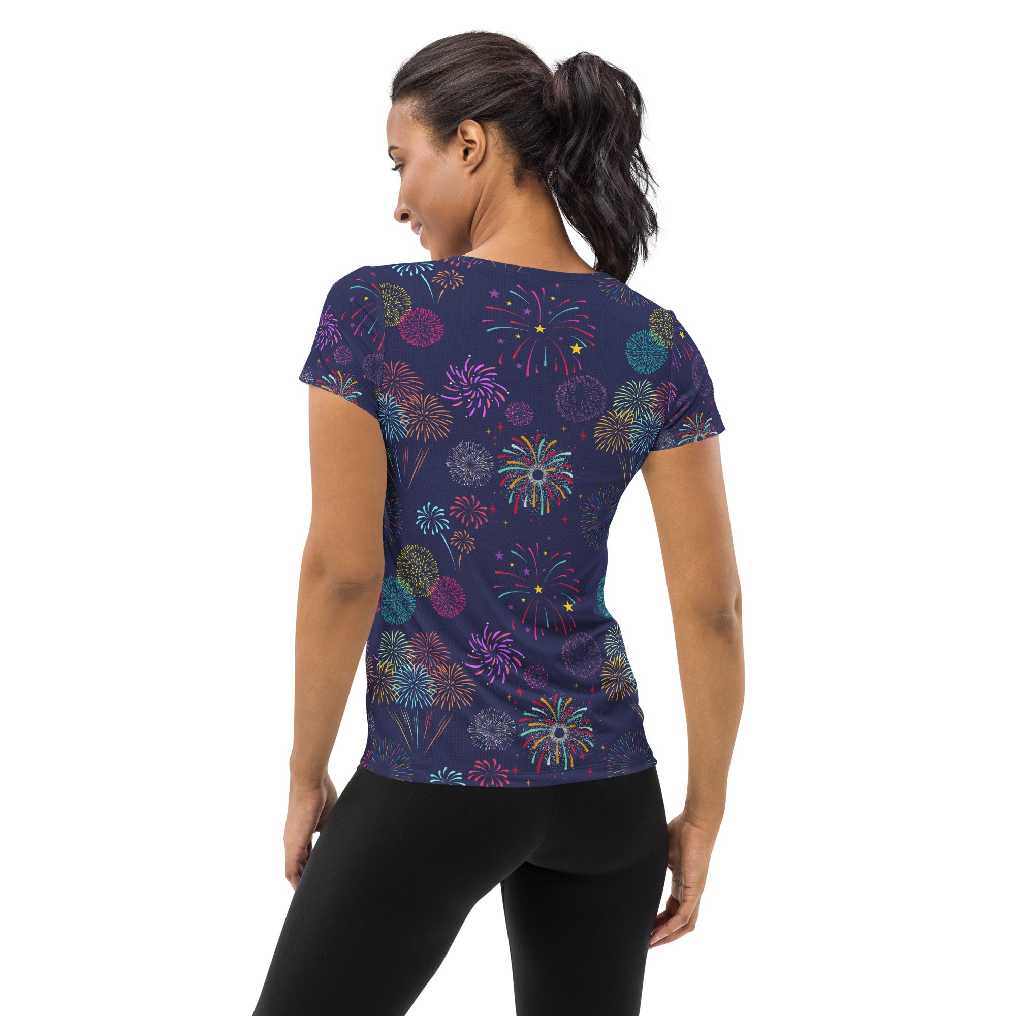 Women’s Colorful Fireworks Performance Athletic T-Shirt - Lightweight Moisture Wicking Workout Top with UPF 50+