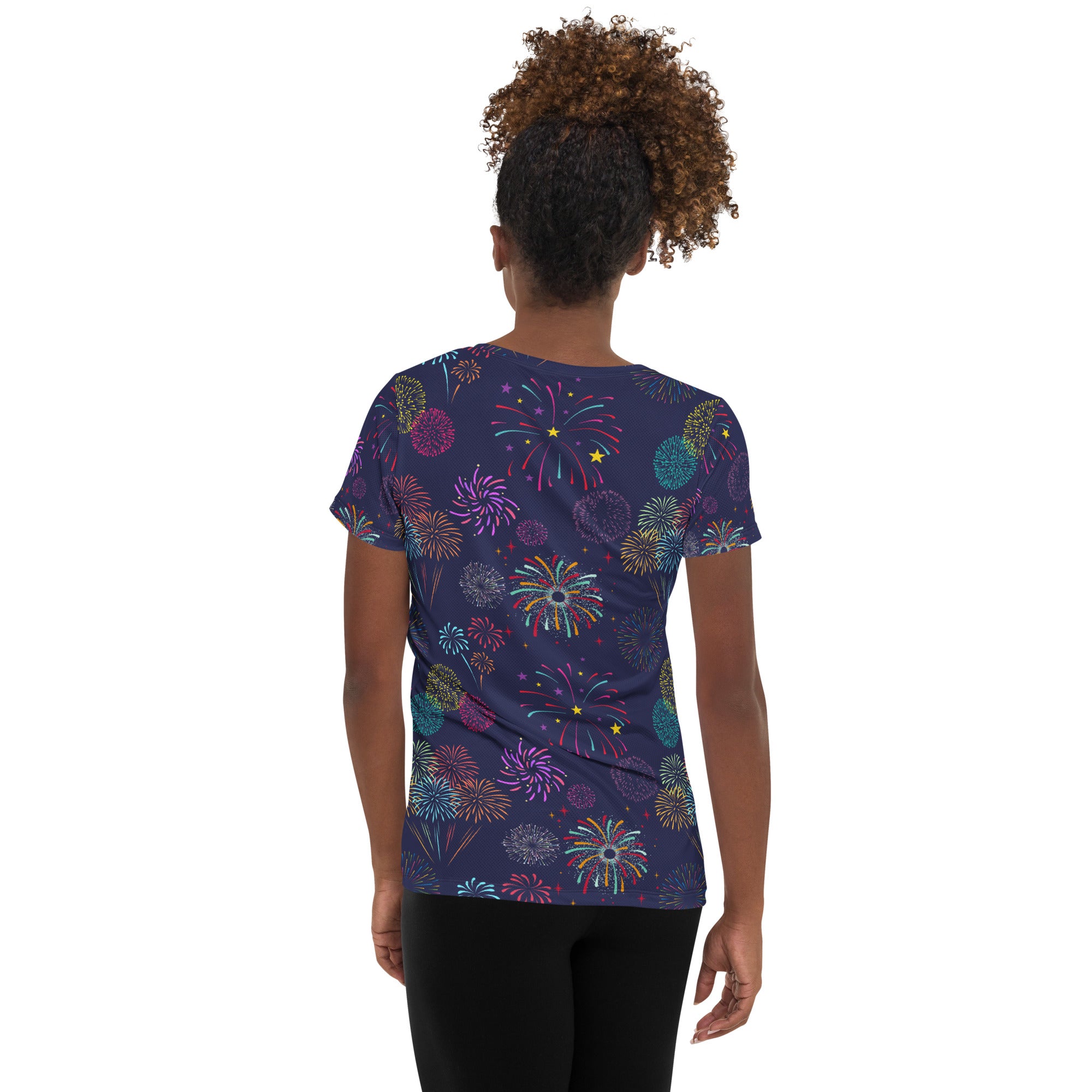 Women’s Colorful Fireworks Performance Athletic T-Shirt - Lightweight Moisture Wicking Workout Top with UPF 50+