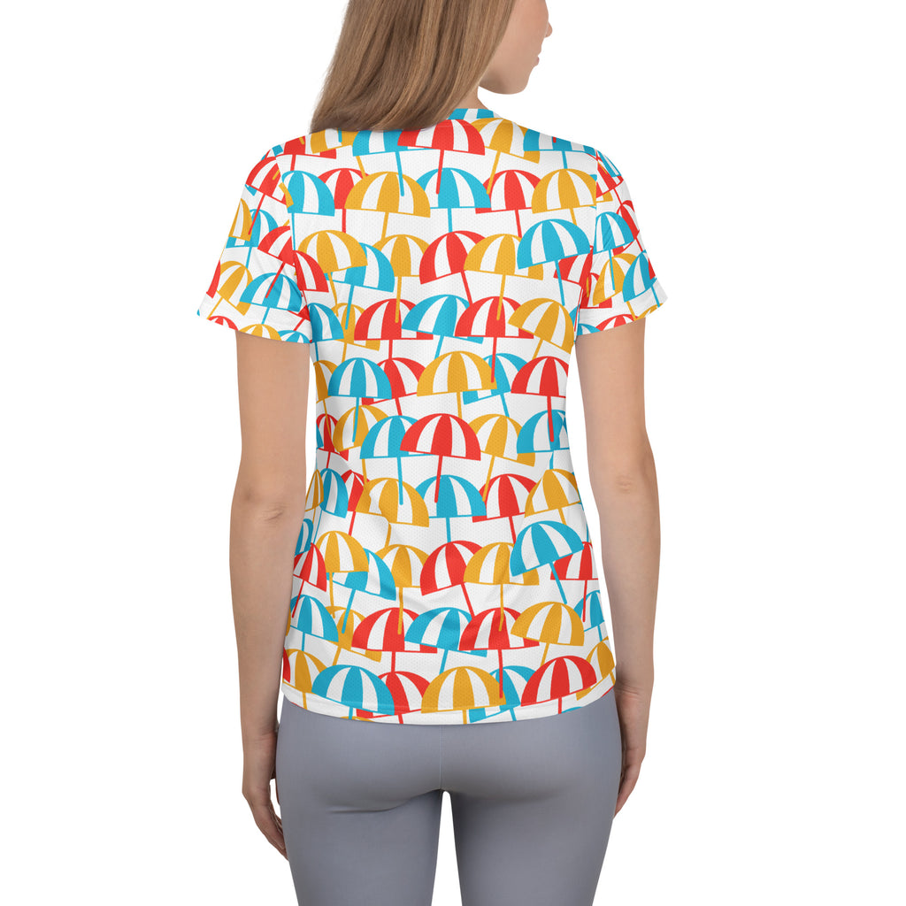 Women’s Colorful Beach Umbrella Performance Athletic T-Shirt - Lightweight Moisture Wicking Workout Top with UPF 50+