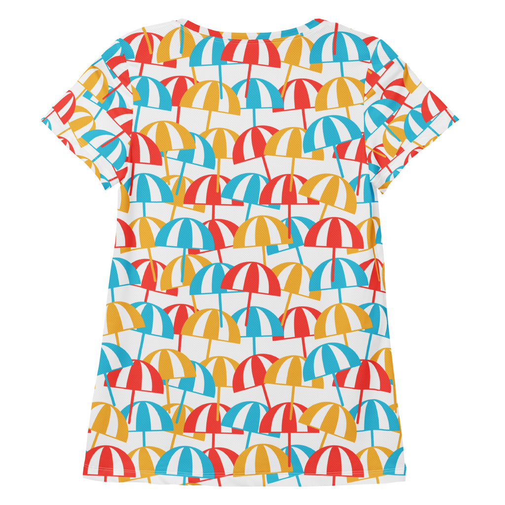 Women’s Colorful Beach Umbrella Performance Athletic T-Shirt - Lightweight Moisture Wicking Workout Top with UPF 50+
