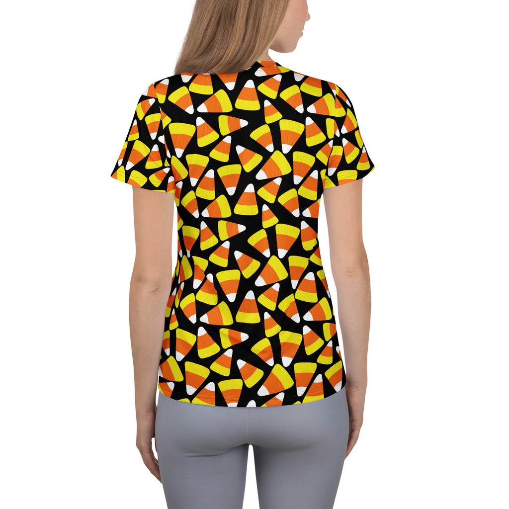 Women’s Candy Corn Halloween Performance Athletic T-Shirt - Lightweight Moisture Wicking Workout Top with UPF 50+
