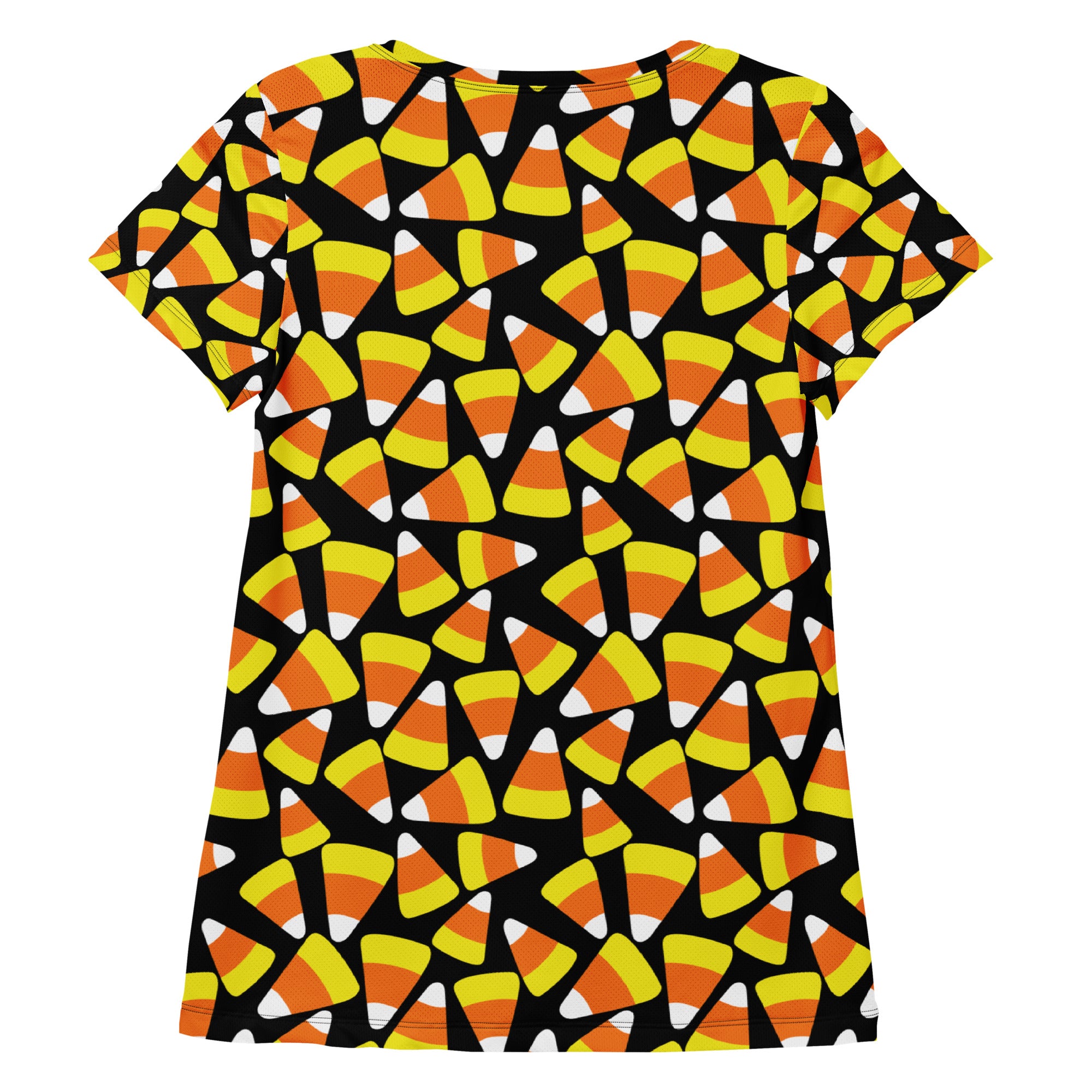 Women’s Candy Corn Halloween Performance Athletic T-Shirt - Lightweight Moisture Wicking Workout Top with UPF 50+