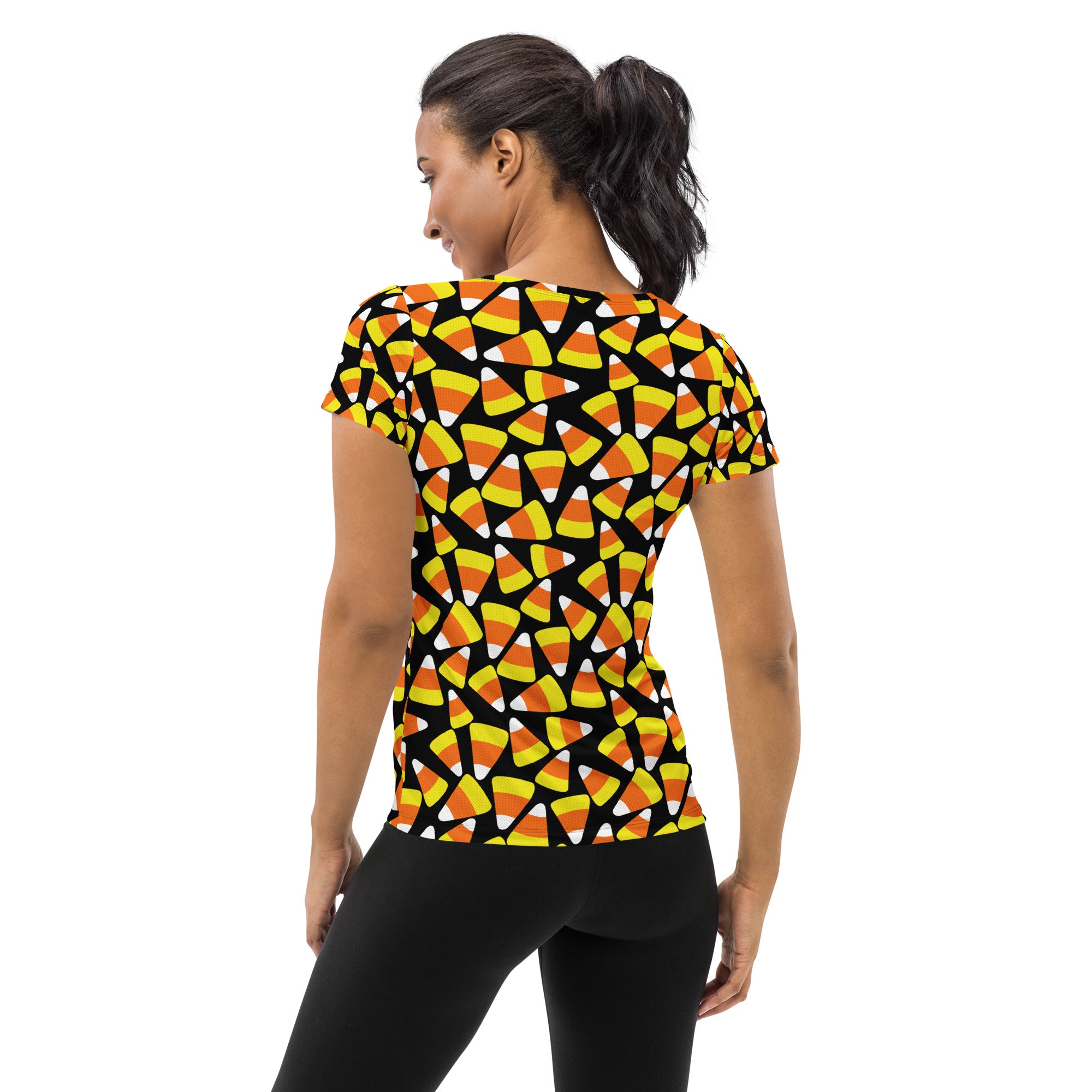 Women’s Candy Corn Halloween Performance Athletic T-Shirt - Lightweight Moisture Wicking Workout Top with UPF 50+