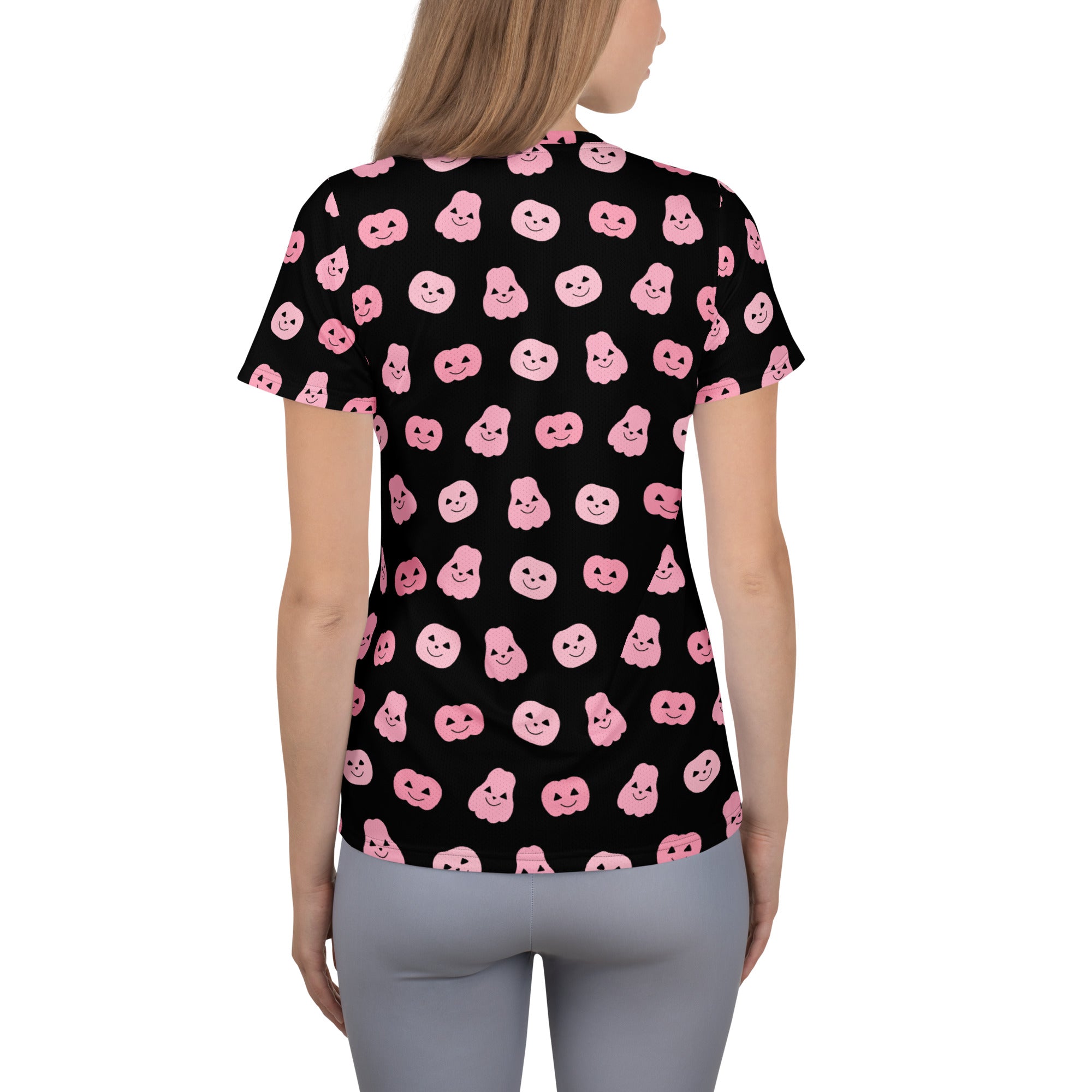 Women’s Pink Pumpkin Halloween Performance Athletic T-Shirt - Lightweight Moisture Wicking Workout Top with UPF 50+