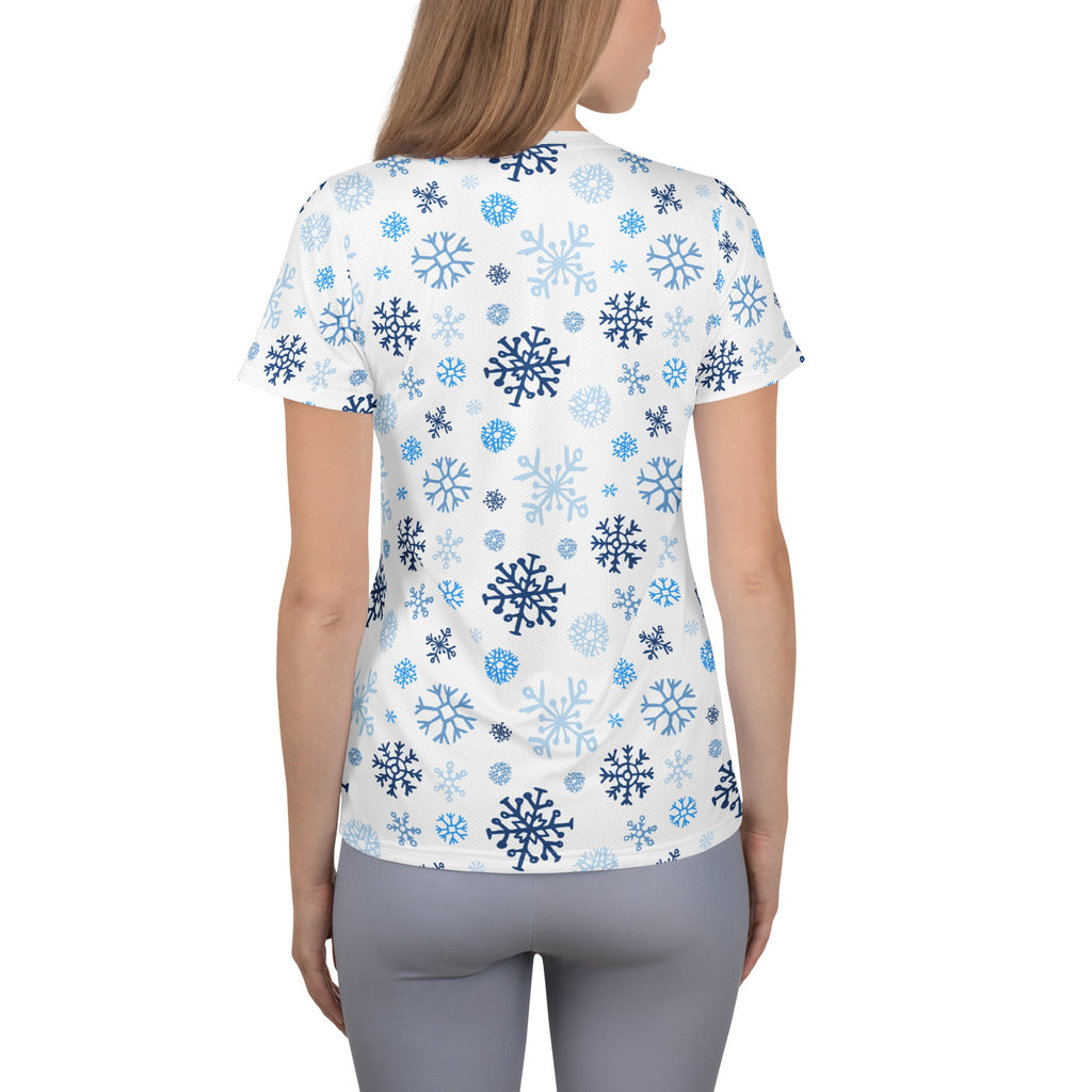 Women’s Blue Snowflakes Performance Athletic T-Shirt - Lightweight Moisture Wicking Workout Top with UPF 50+