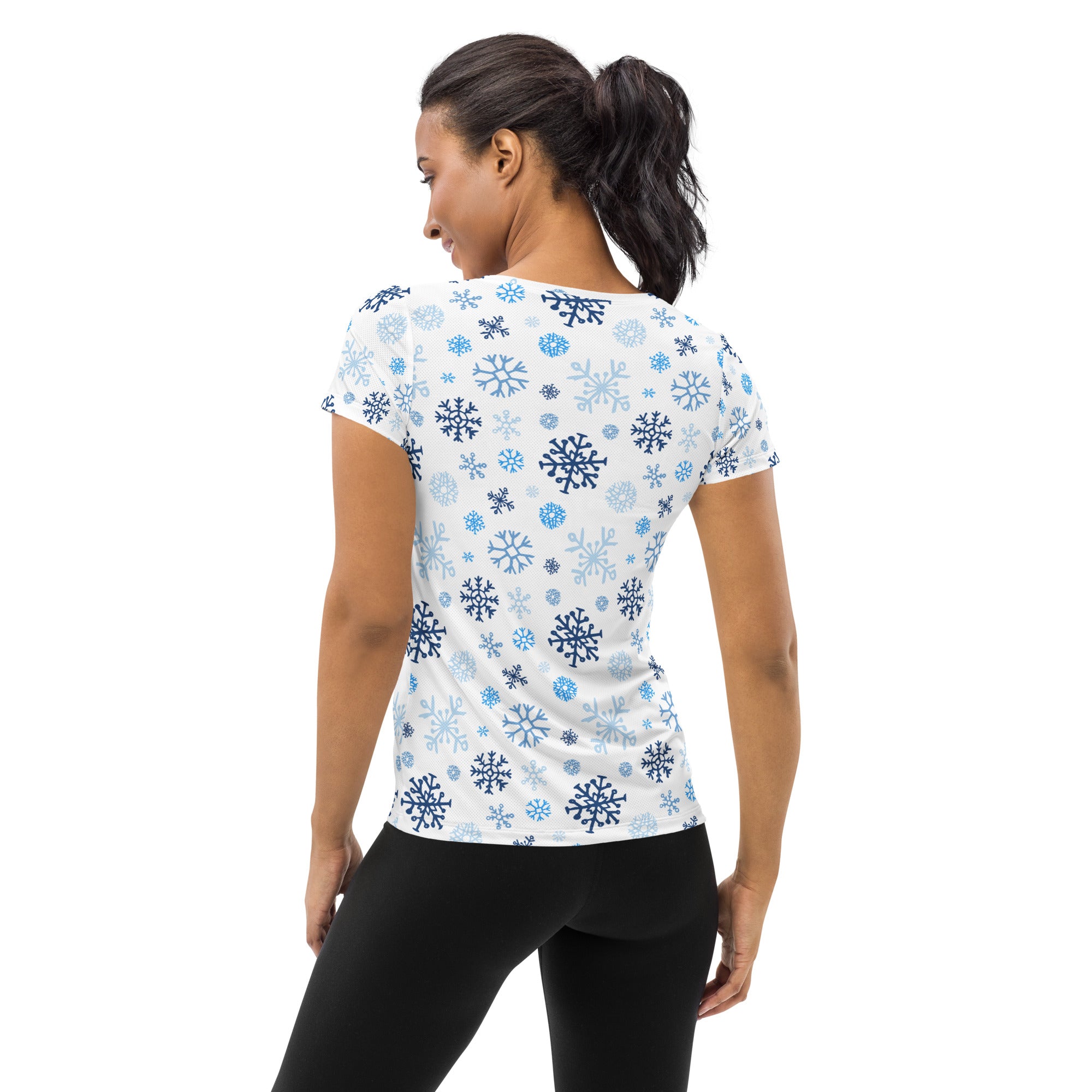 Women’s Blue Snowflakes Performance Athletic T-Shirt - Lightweight Moisture Wicking Workout Top with UPF 50+
