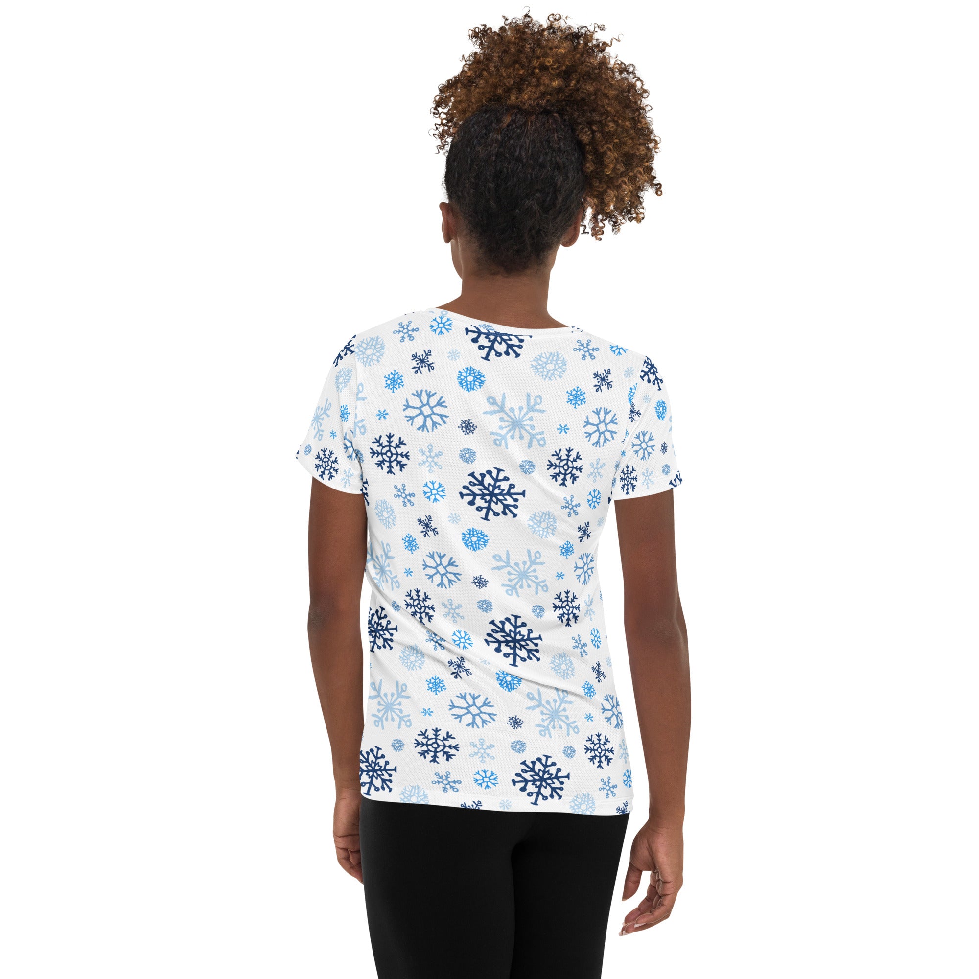 Women’s Blue Snowflakes Performance Athletic T-Shirt - Lightweight Moisture Wicking Workout Top with UPF 50+