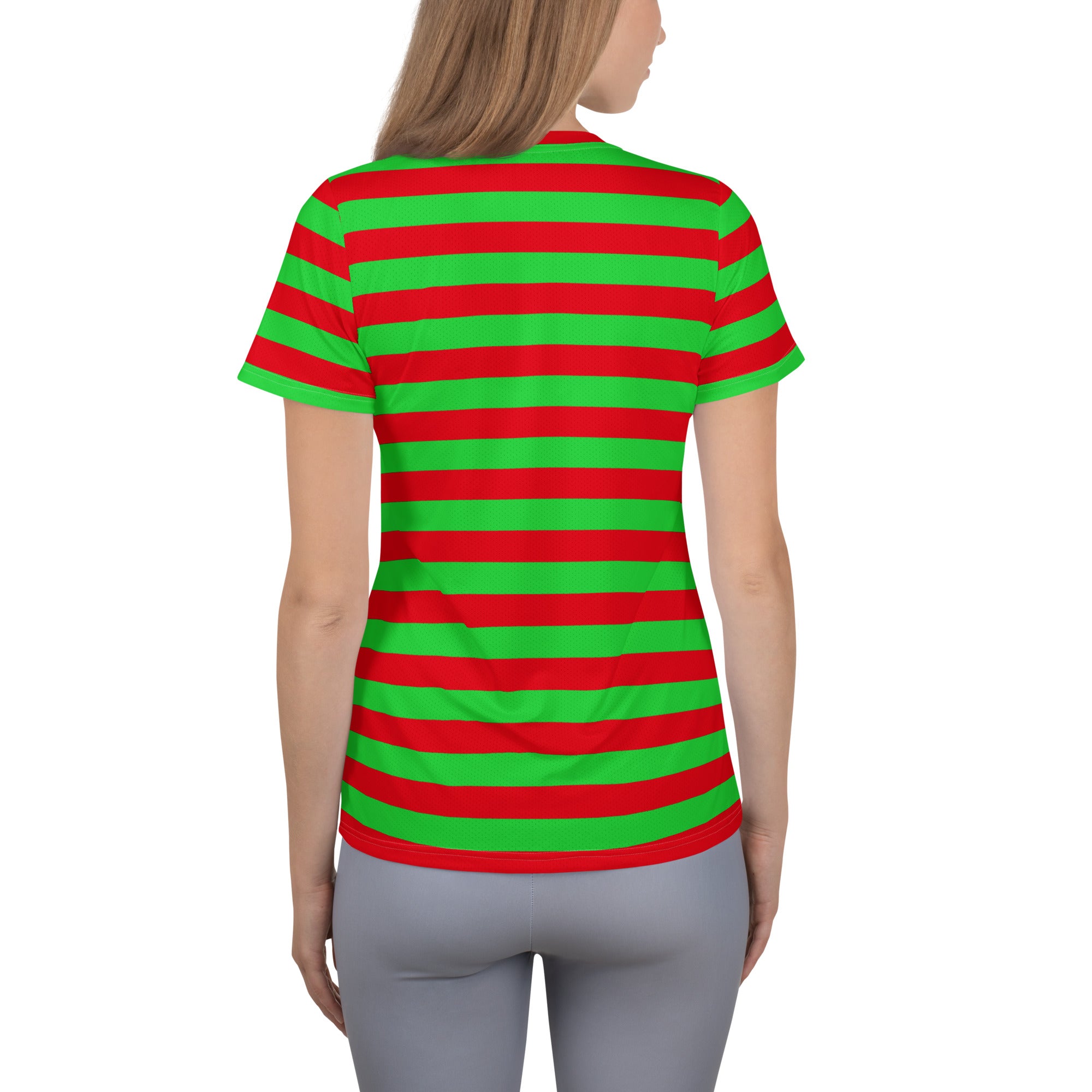 Women’s Red & Green Striped Christmas Performance Athletic T-Shirt - Lightweight Moisture Wicking Workout Top with UPF 50+