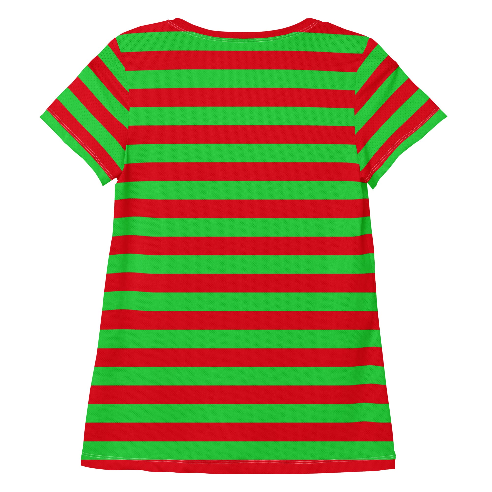 Women’s Red & Green Striped Christmas Performance Athletic T-Shirt - Lightweight Moisture Wicking Workout Top with UPF 50+