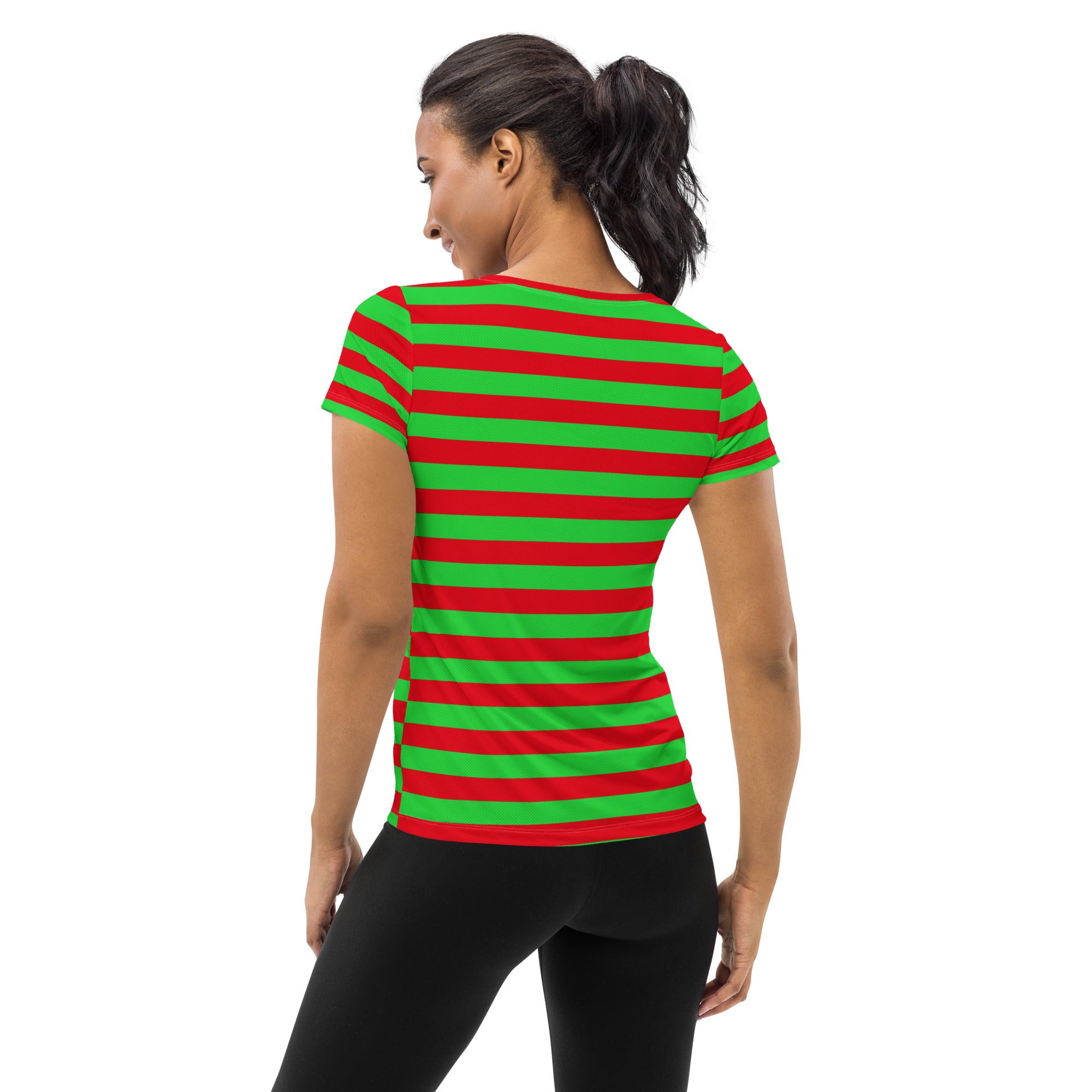 Women’s Red & Green Striped Christmas Performance Athletic T-Shirt - Lightweight Moisture Wicking Workout Top with UPF 50+