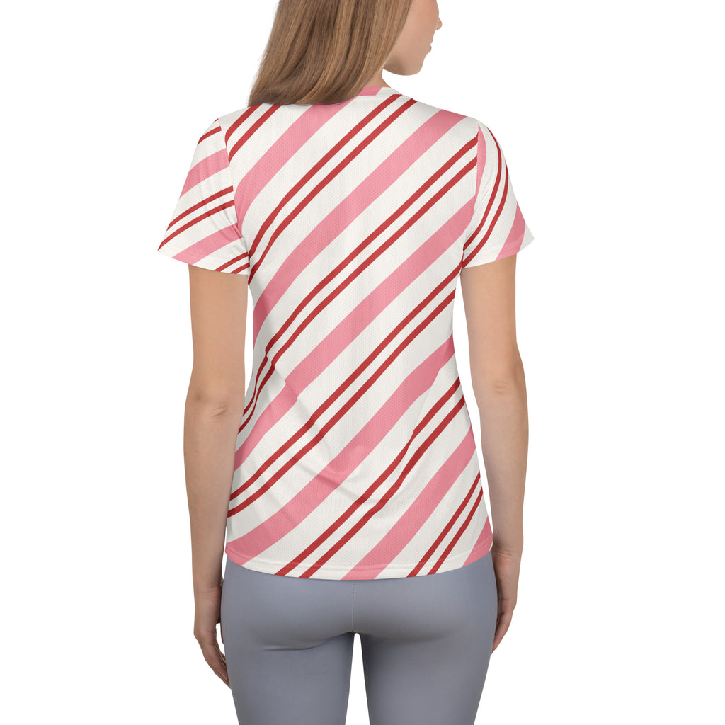 Women’s Pink Candy Cane Stripe Christmas Performance Athletic T-Shirt - Lightweight Moisture Wicking Workout Top with UPF 50+