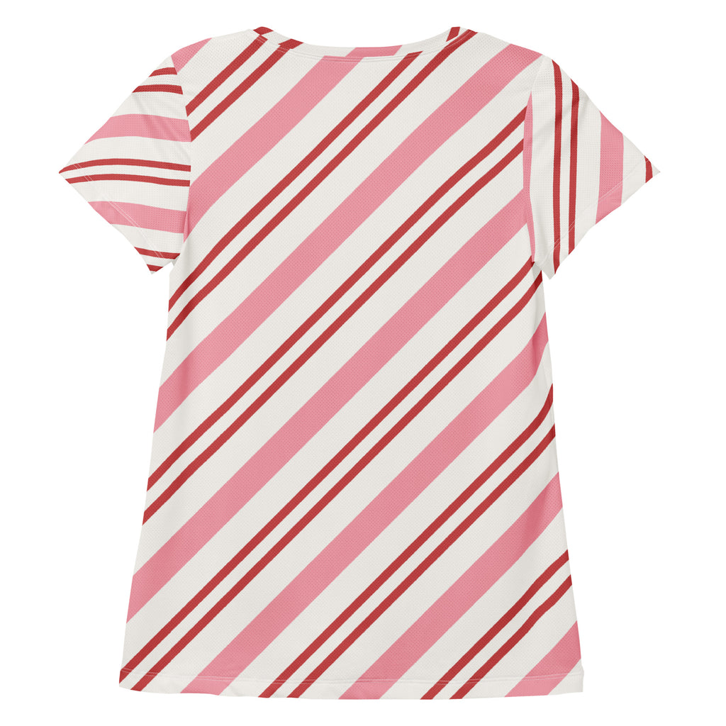 Women’s Pink Candy Cane Stripe Christmas Performance Athletic T-Shirt - Lightweight Moisture Wicking Workout Top with UPF 50+
