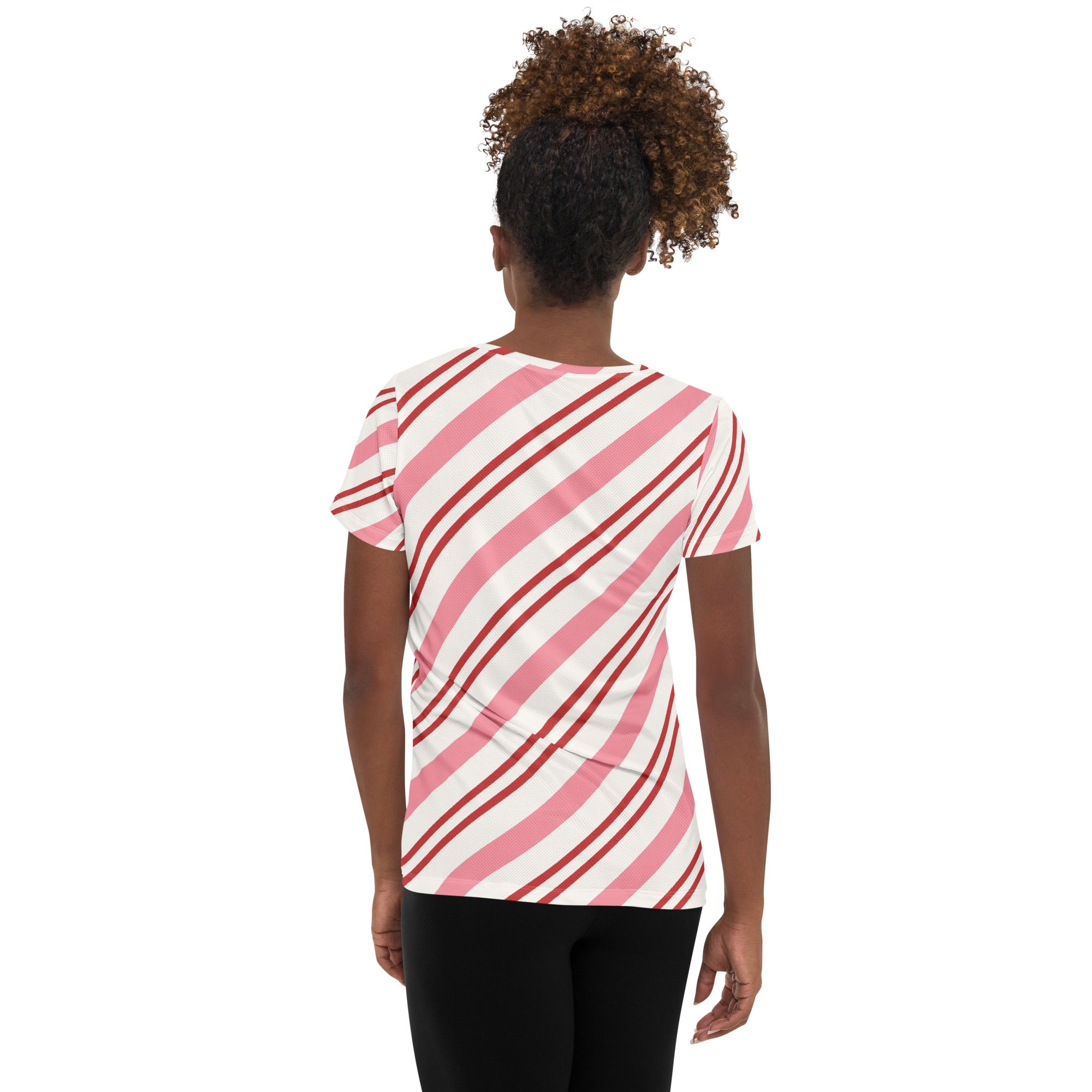 Women’s Pink Candy Cane Stripe Christmas Performance Athletic T-Shirt - Lightweight Moisture Wicking Workout Top with UPF 50+