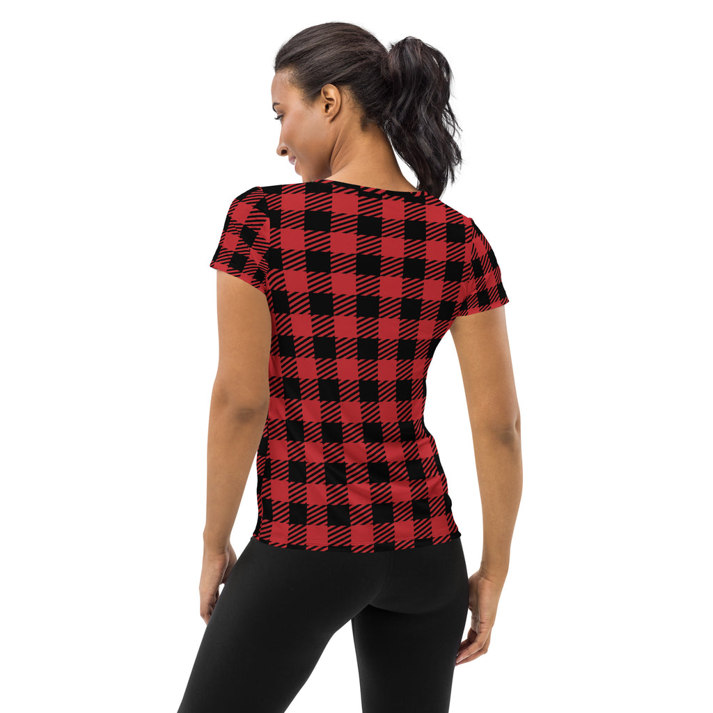 Women’s Red & Black Buffalo Plaid Performance Athletic T-Shirt - Lightweight Moisture Wicking Workout Top with UPF 50+
