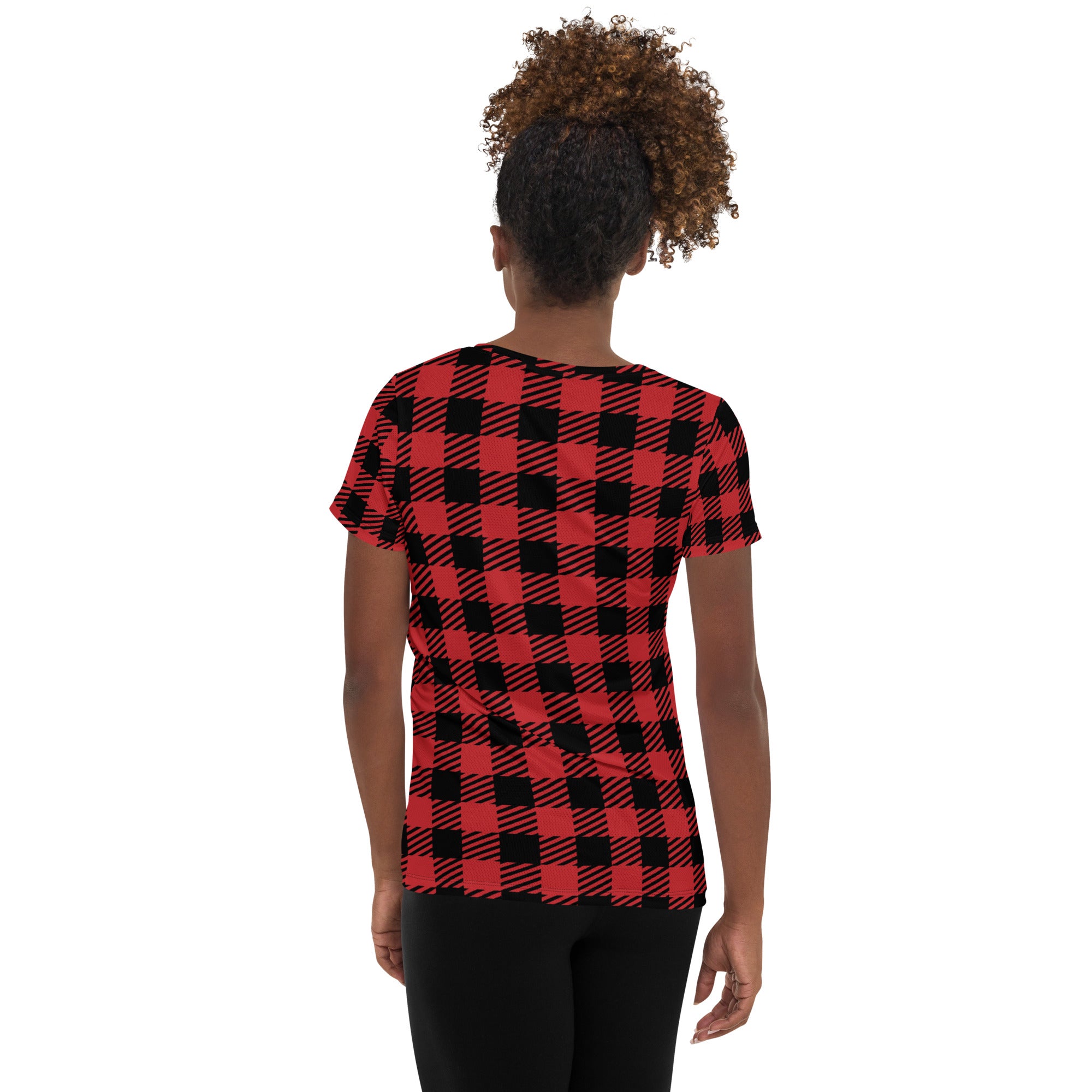 Women’s Red & Black Buffalo Plaid Performance Athletic T-Shirt - Lightweight Moisture Wicking Workout Top with UPF 50+