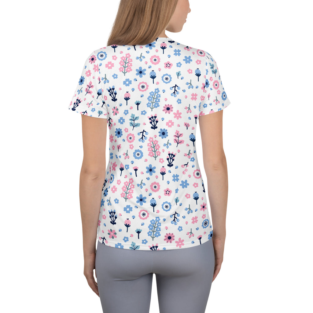 Women’s Pink & Blue Floral Performance Athletic T-Shirt - Lightweight Moisture Wicking Workout Top with UPF 50+